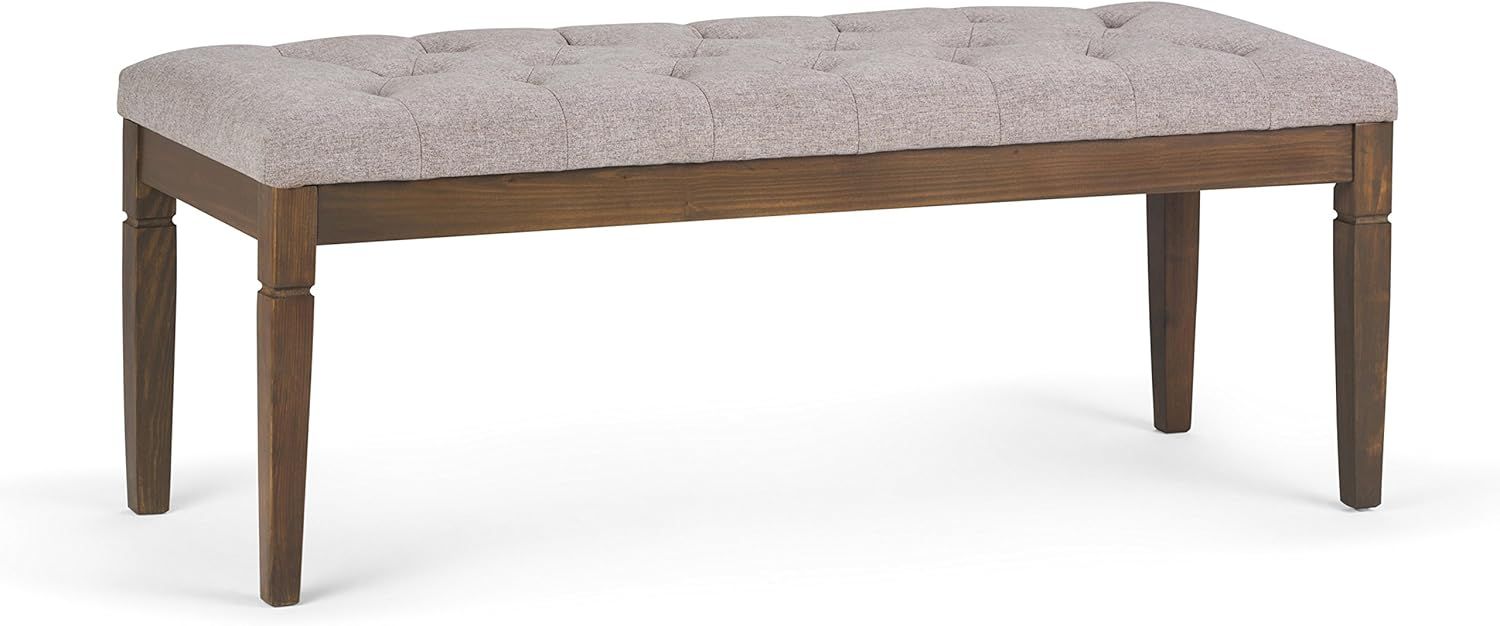 Cloud Grey Linen Tufted Ottoman Bench with Wood Legs