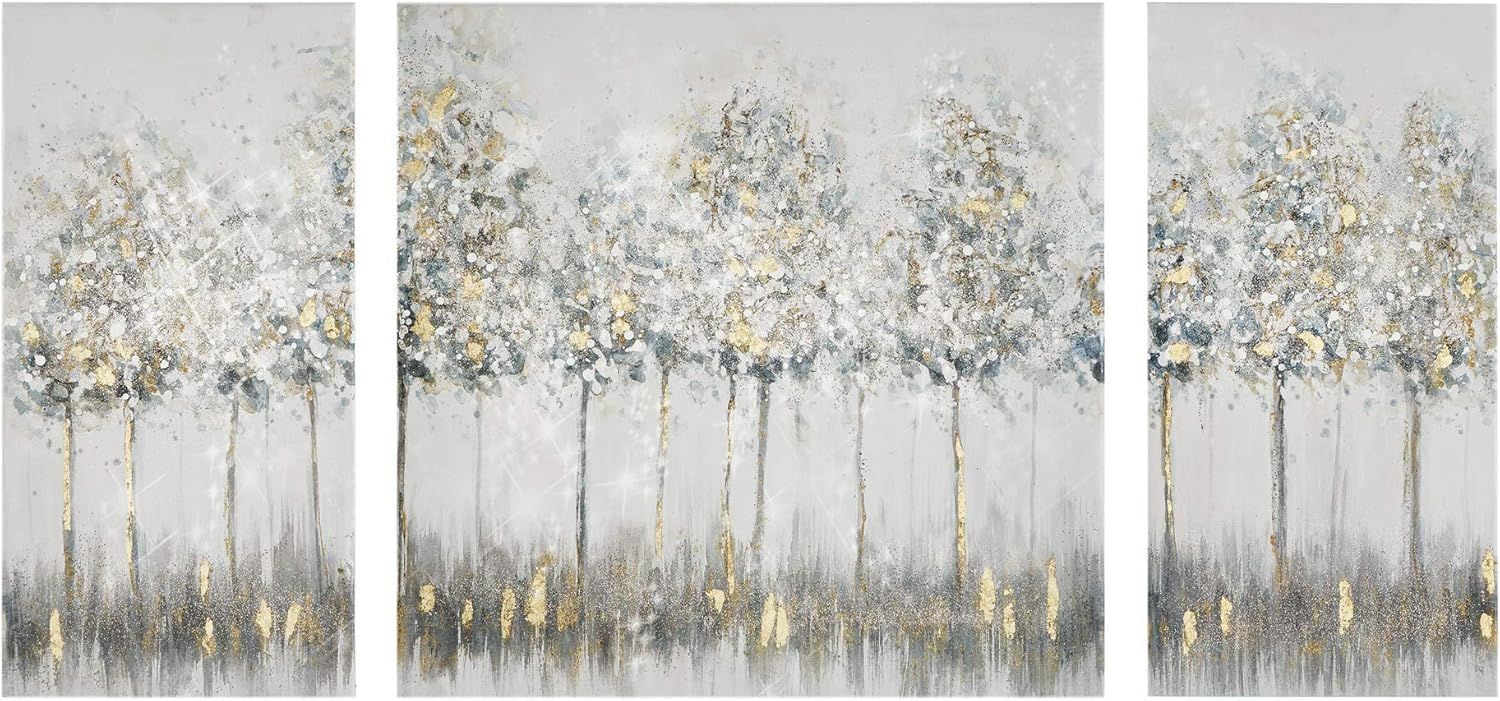 Nordic Gold Trim Blue and Gray Forest Canvas Art Set