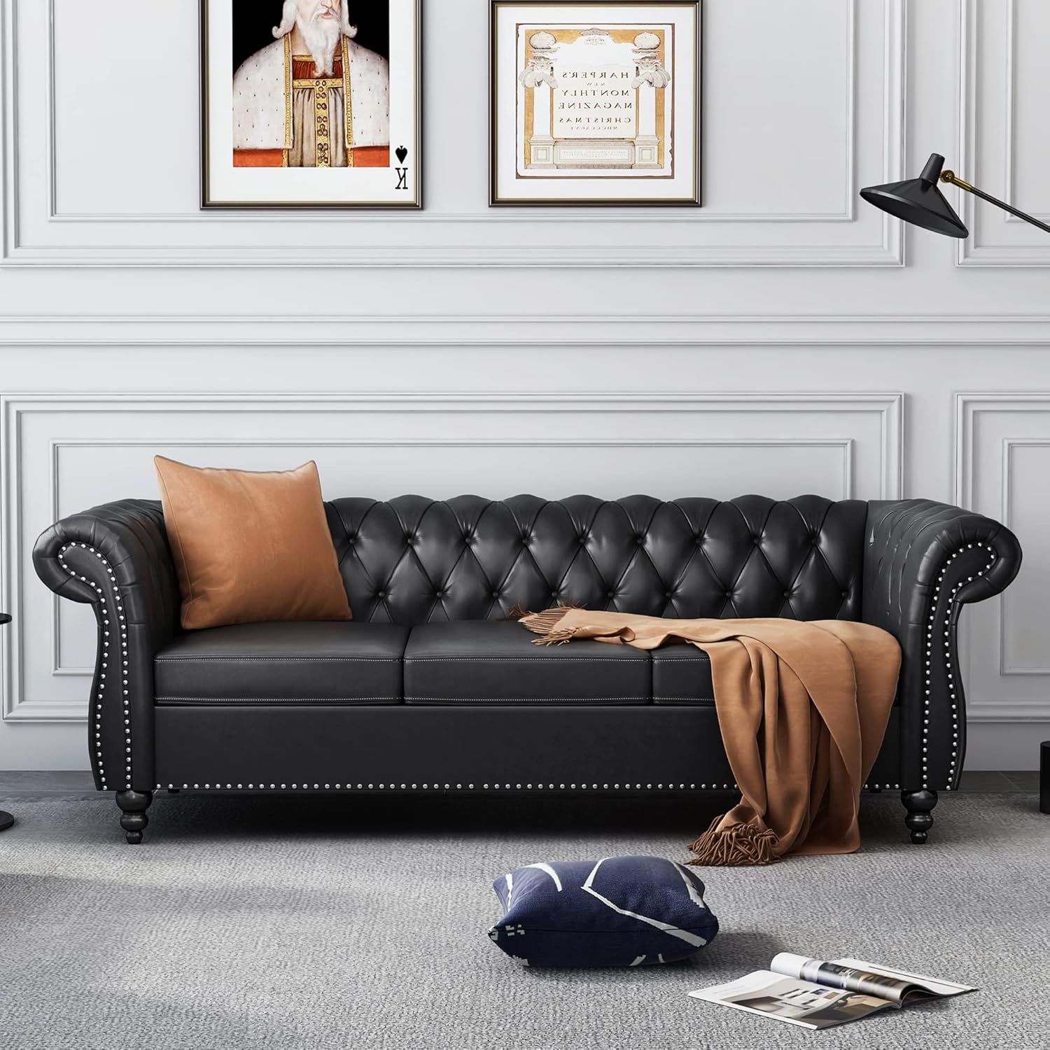 Black Faux Leather Chesterfield Sofa with Rolled Arms and Nailhead Trim