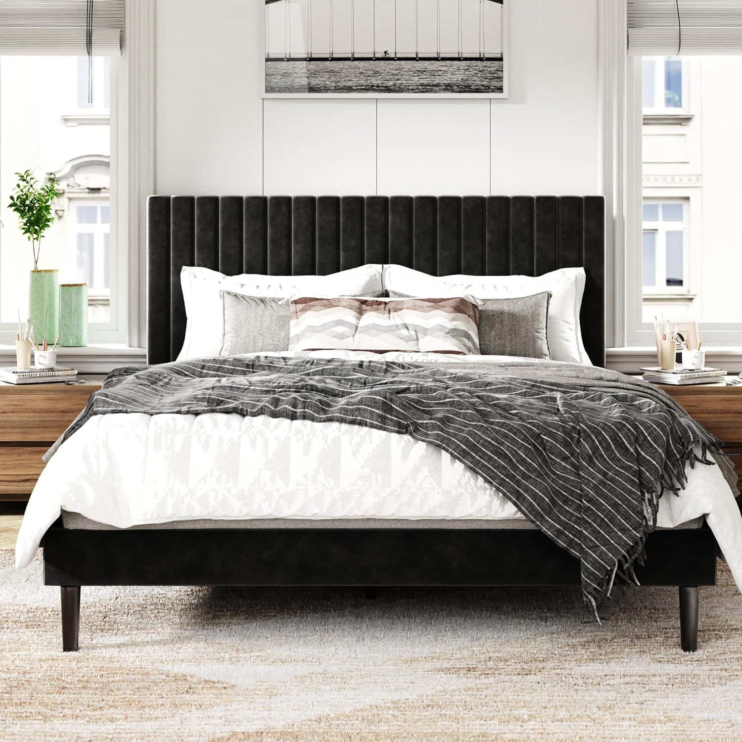 Full Size Black Velvet Upholstered Bed Frame with Wood Slats