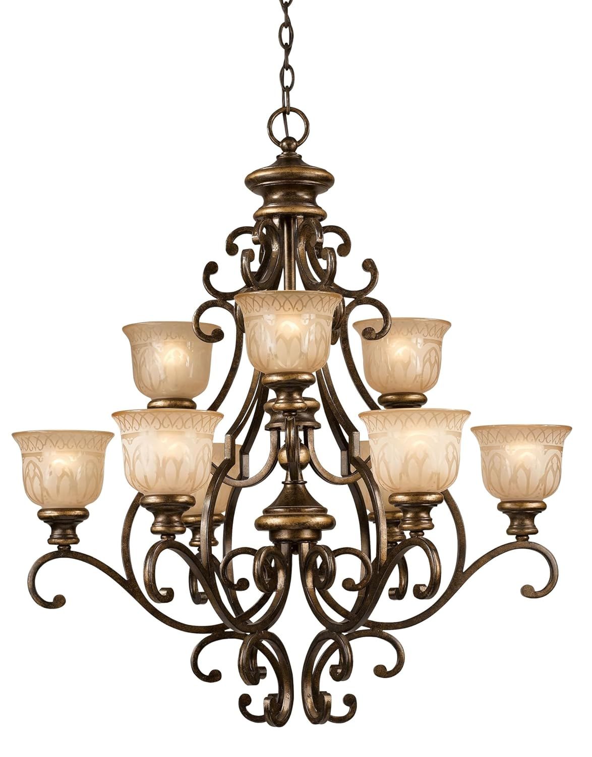 Bronze Umber 9-Light Chandelier with Amber Glass Shades