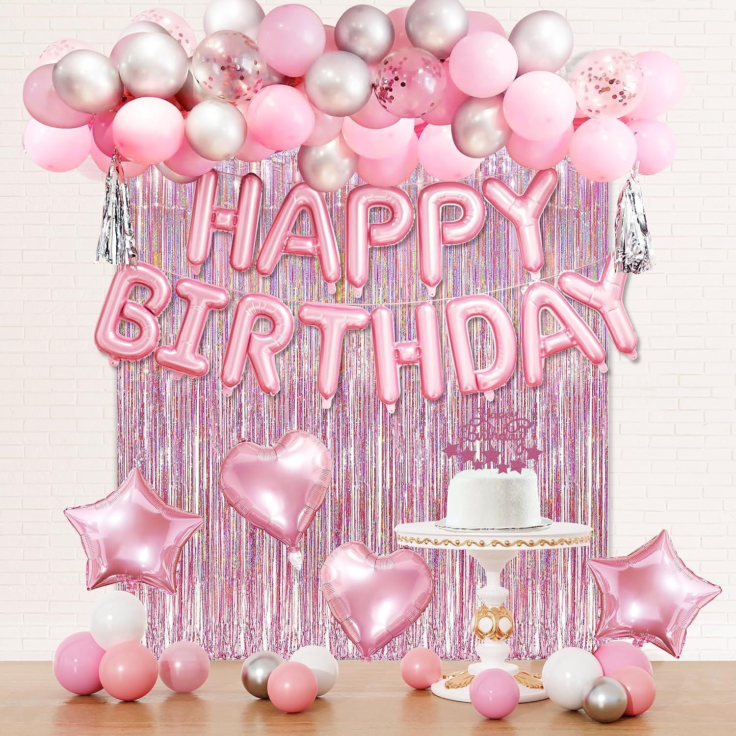 Pink and Silver Birthday Party Decoration Set with Balloons and Banner