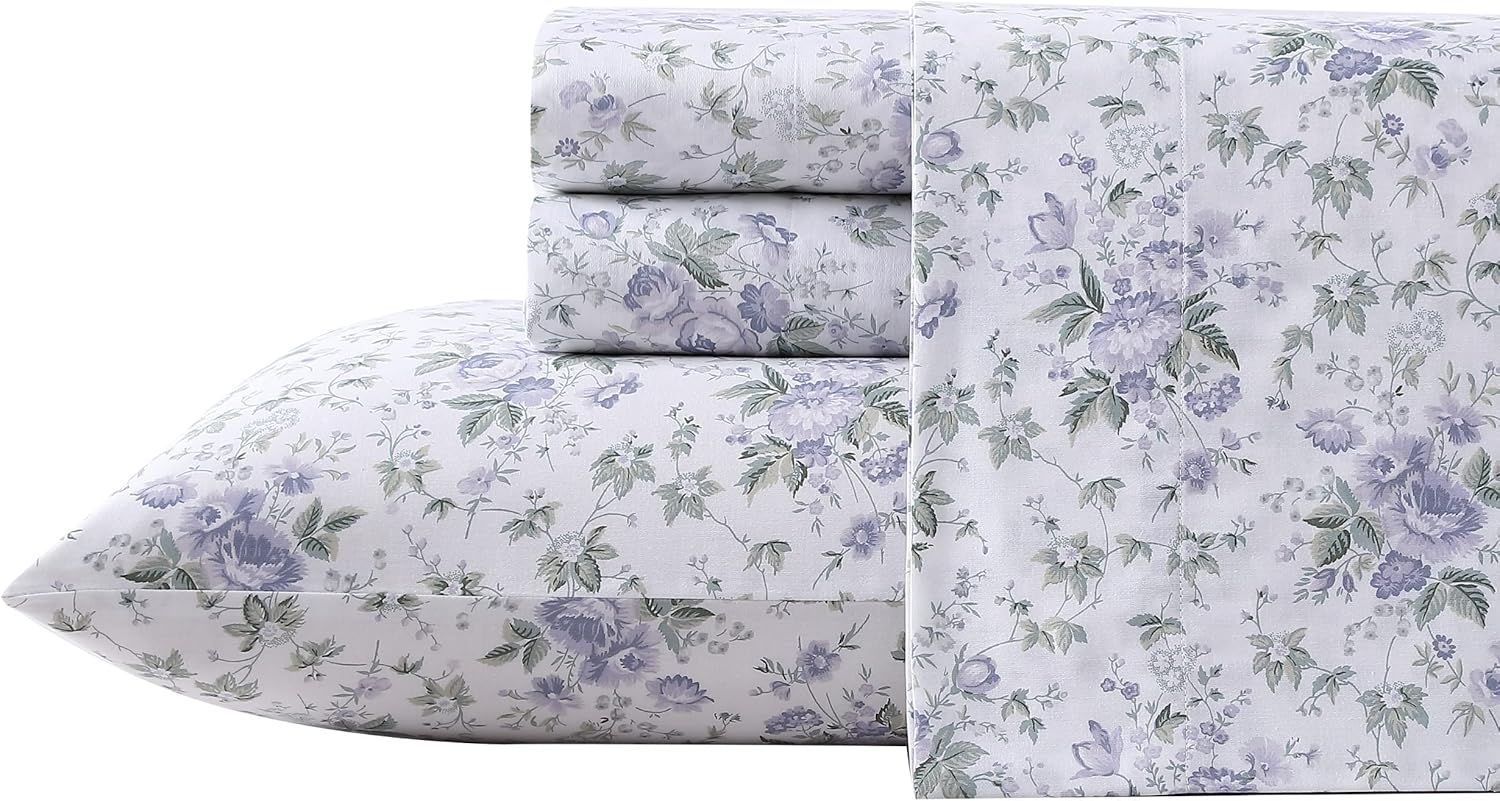 Queen Blue Floral Cotton Sateen Sheet Set