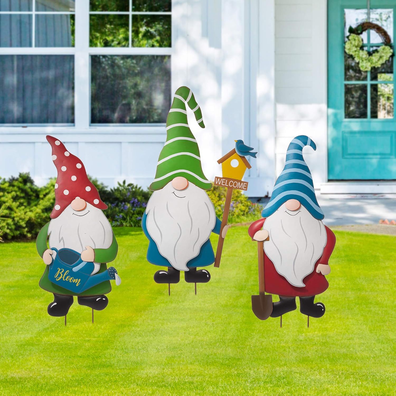 Set of 3 Colorful Metal Gnome Yard Stakes