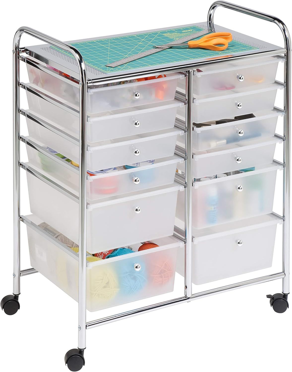 Chrome and White 12-Drawer Rolling Storage Cart