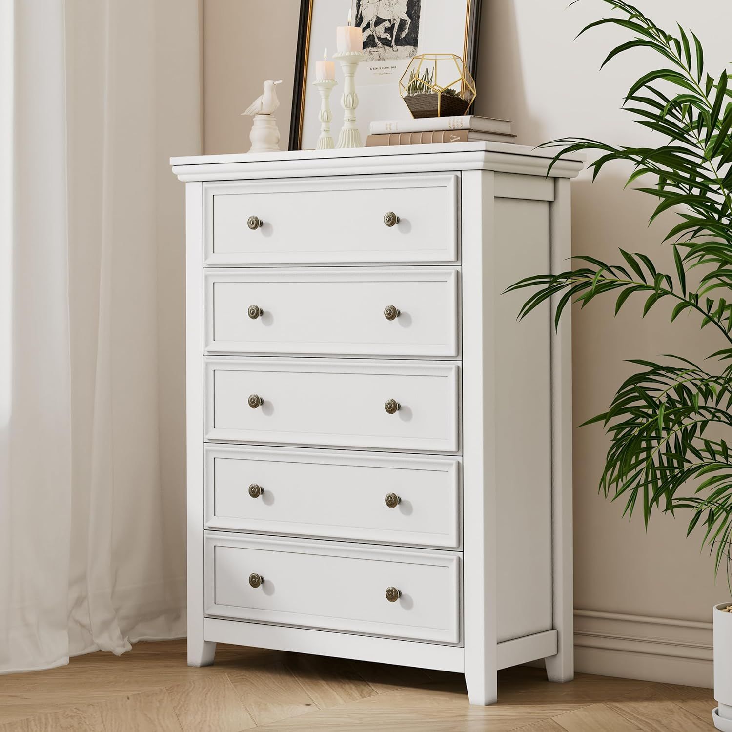 White Tall 5-Drawer Dresser with Deep Storage