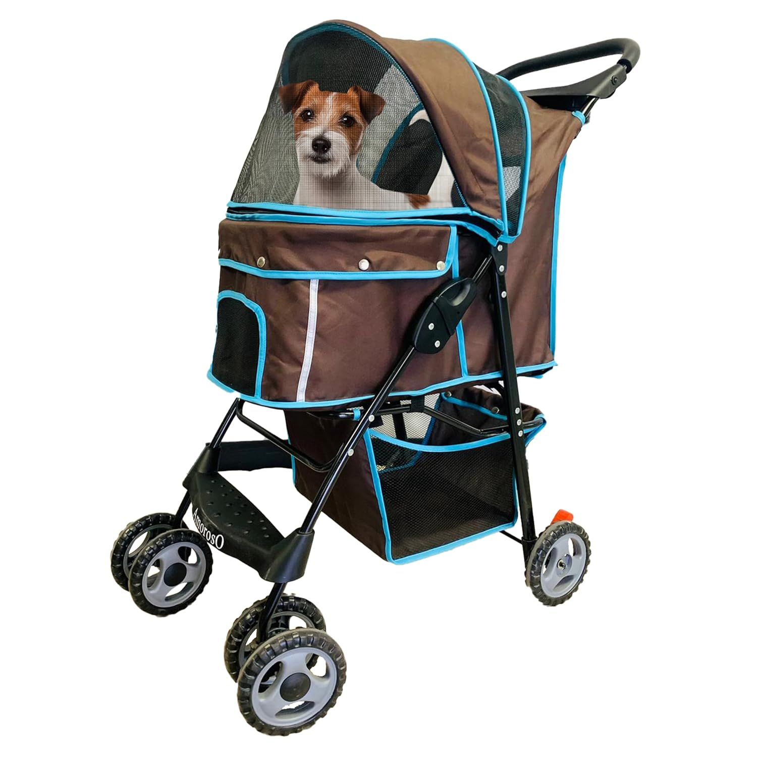 Brown and Turquoise Foldable Pet Stroller with Storage Basket