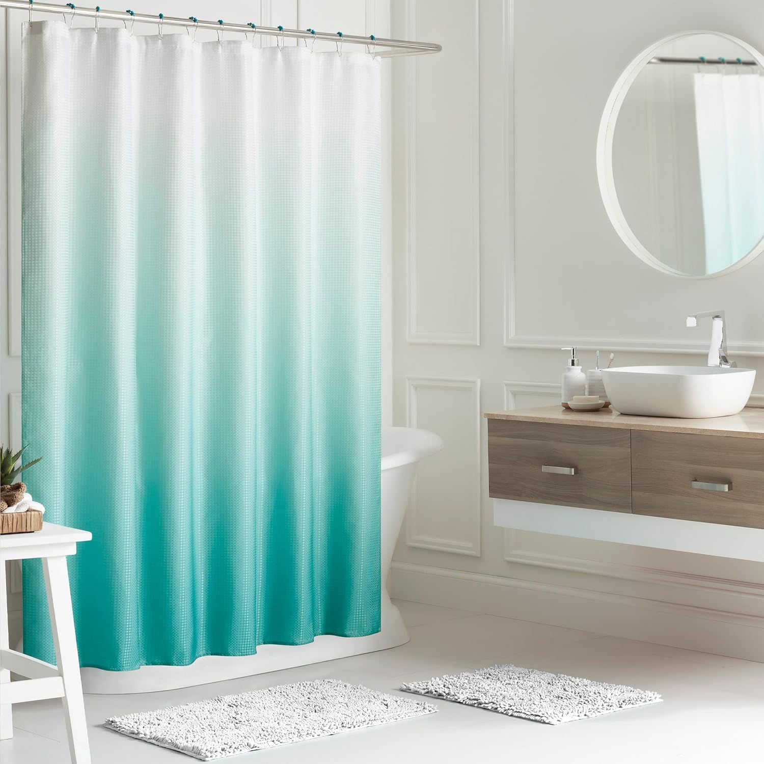 White and Turquoise Ombre Polyester Bathroom Set with Chenille Bath Mats