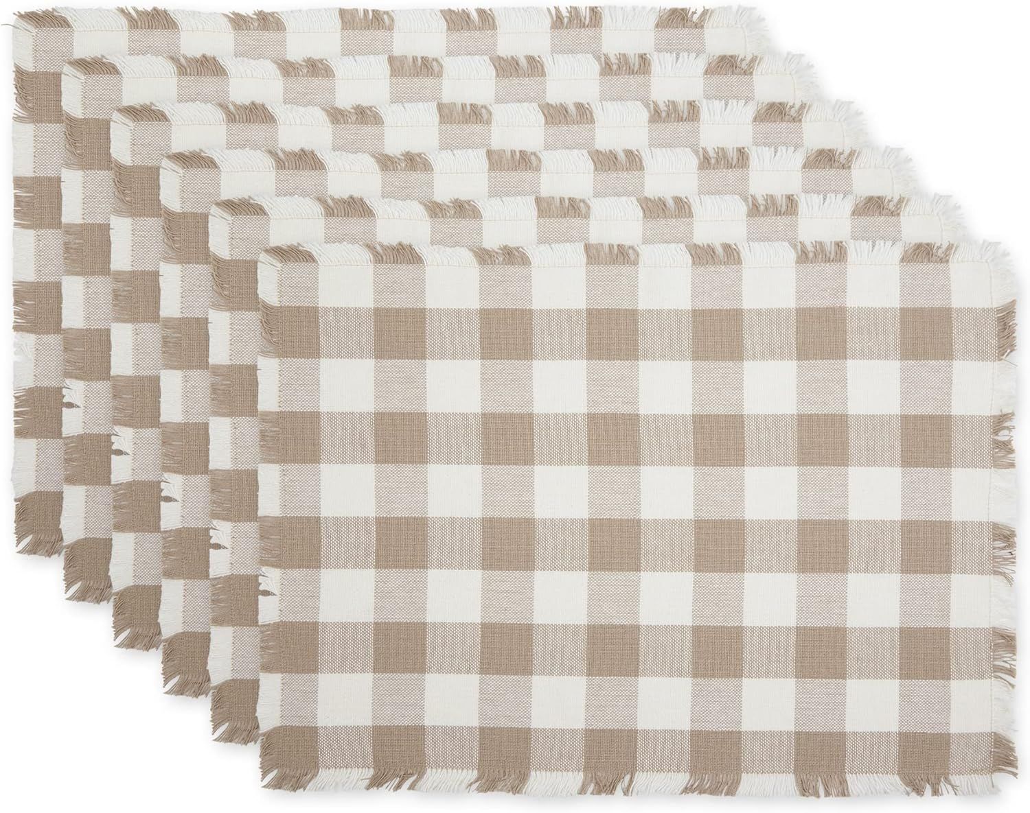 Stone Brown Checkered Cotton Fringed Placemats, 13x19, Set of 6