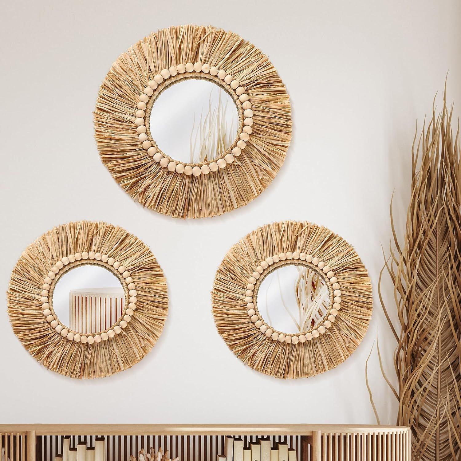 Natural Raffia and Bead Round Wall Mirrors Set