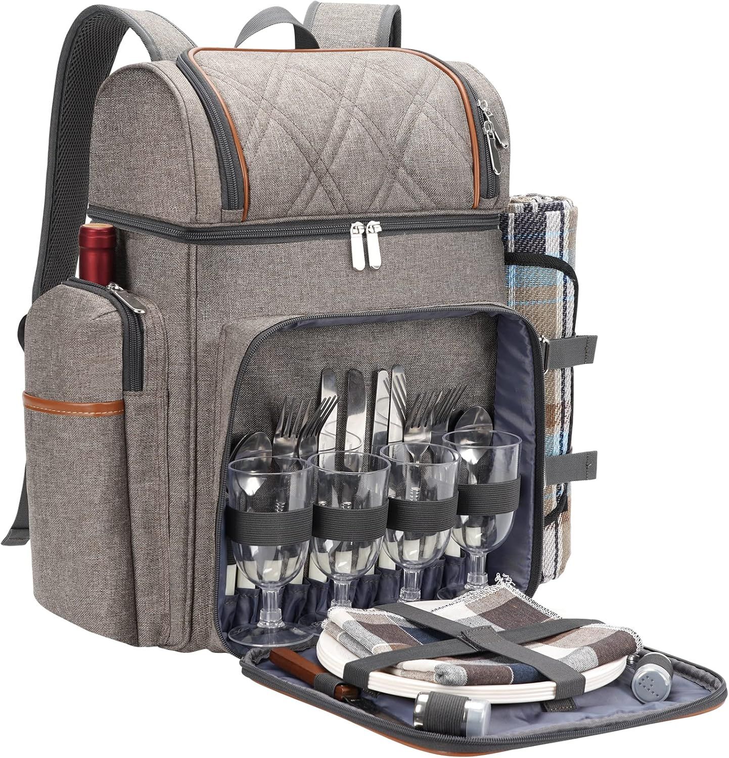 Gray Insulated Picnic Backpack with Tableware Set and Blanket