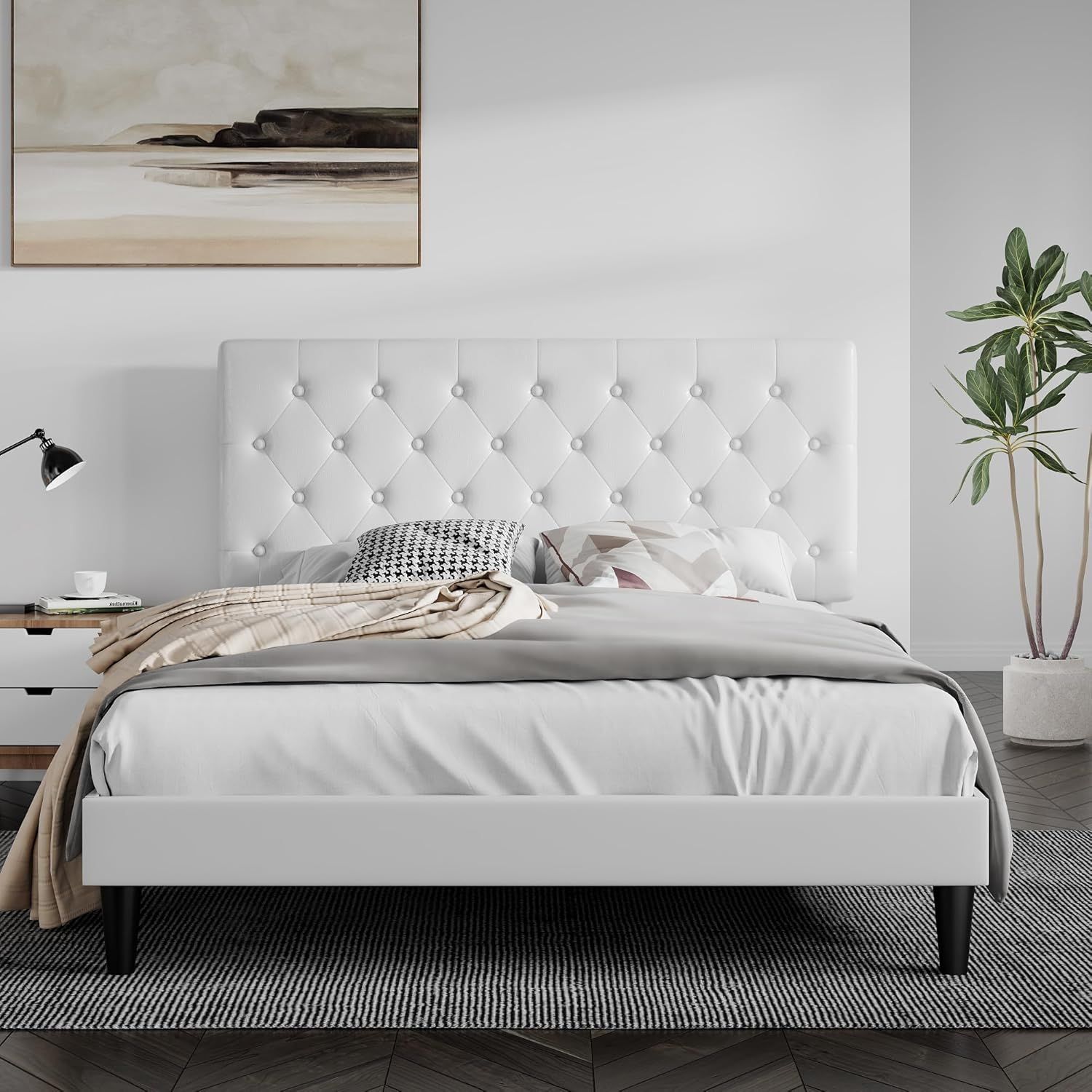 White Faux Leather Queen Platform Bed with Tufted Headboard and Storage