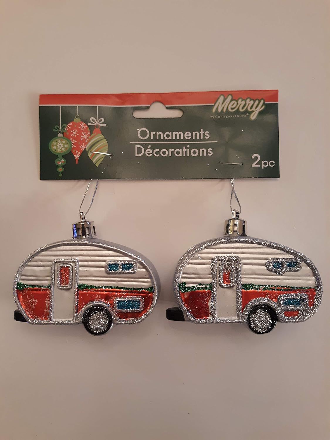 Festive Glittery Camper Christmas Ornaments Set of 2