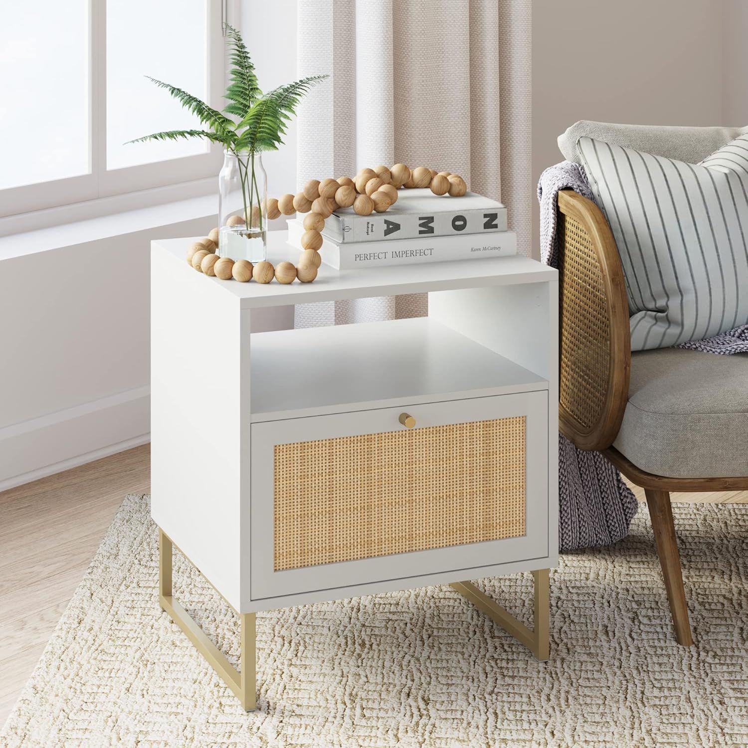 Mina White and Gold Rattan Wood End Table with Boho Storage