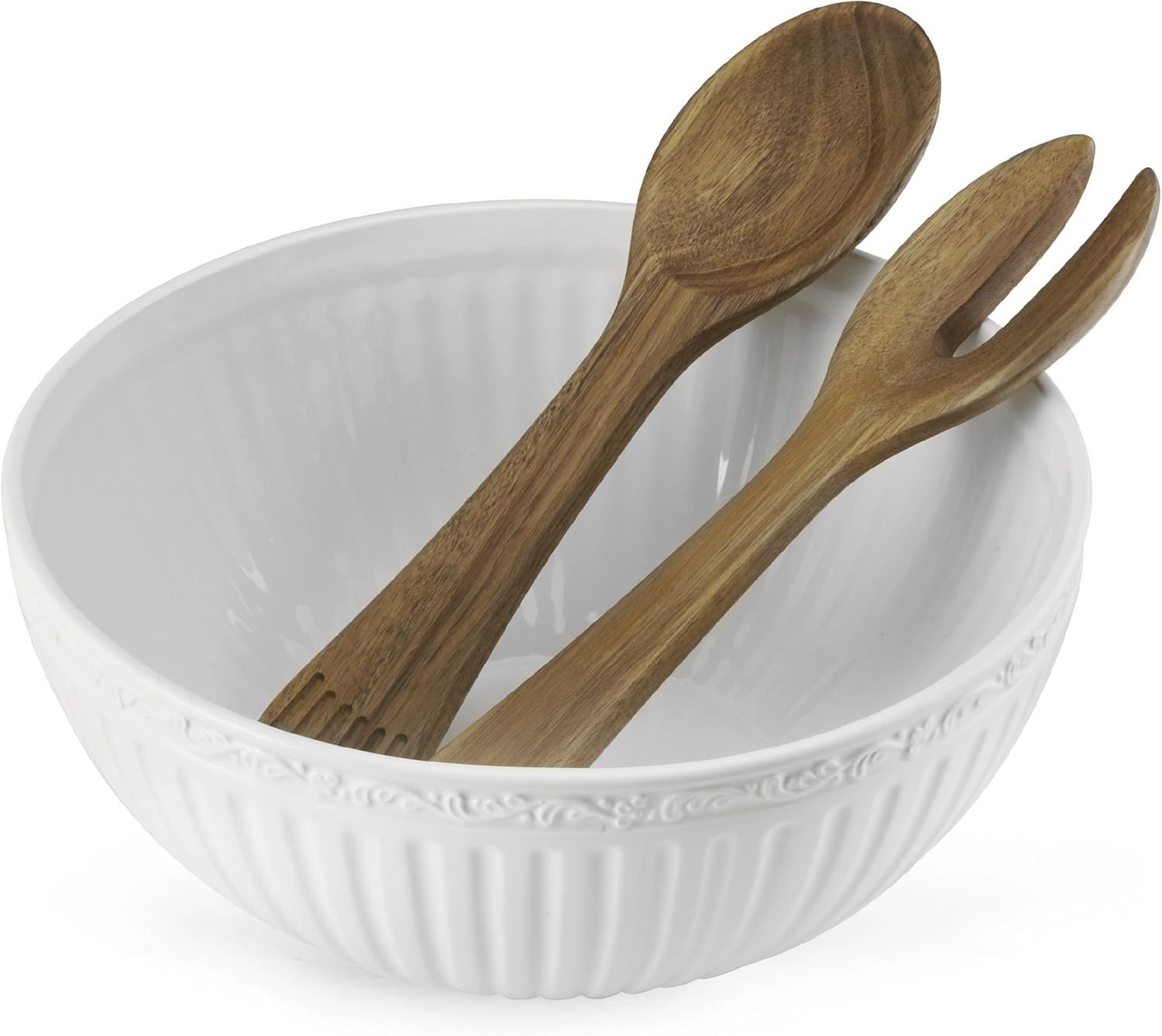 White Ceramic Salad Bowl with Acacia Wood Utensils, 2-Piece Set