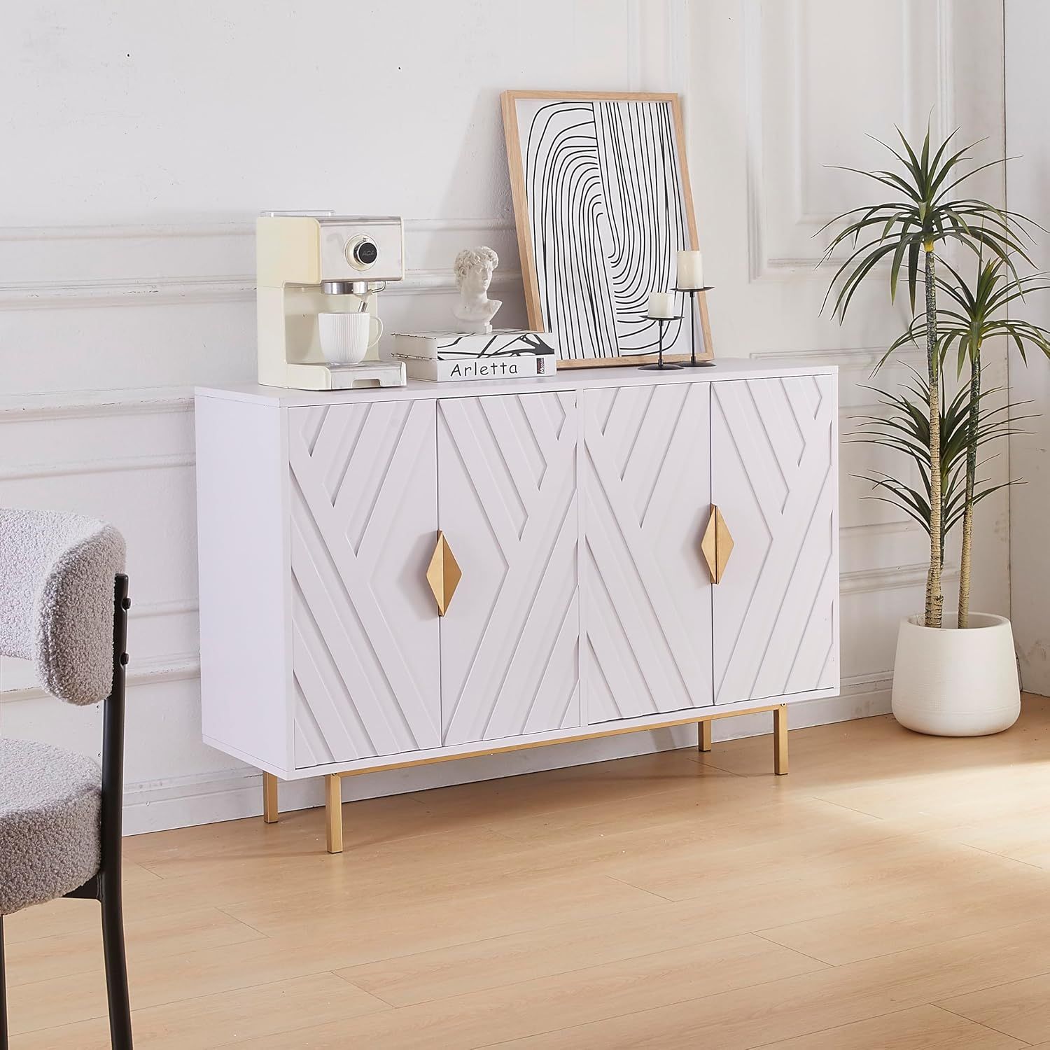 White Geometric 47.2" Modern Sideboard Cabinet with Gold Accents