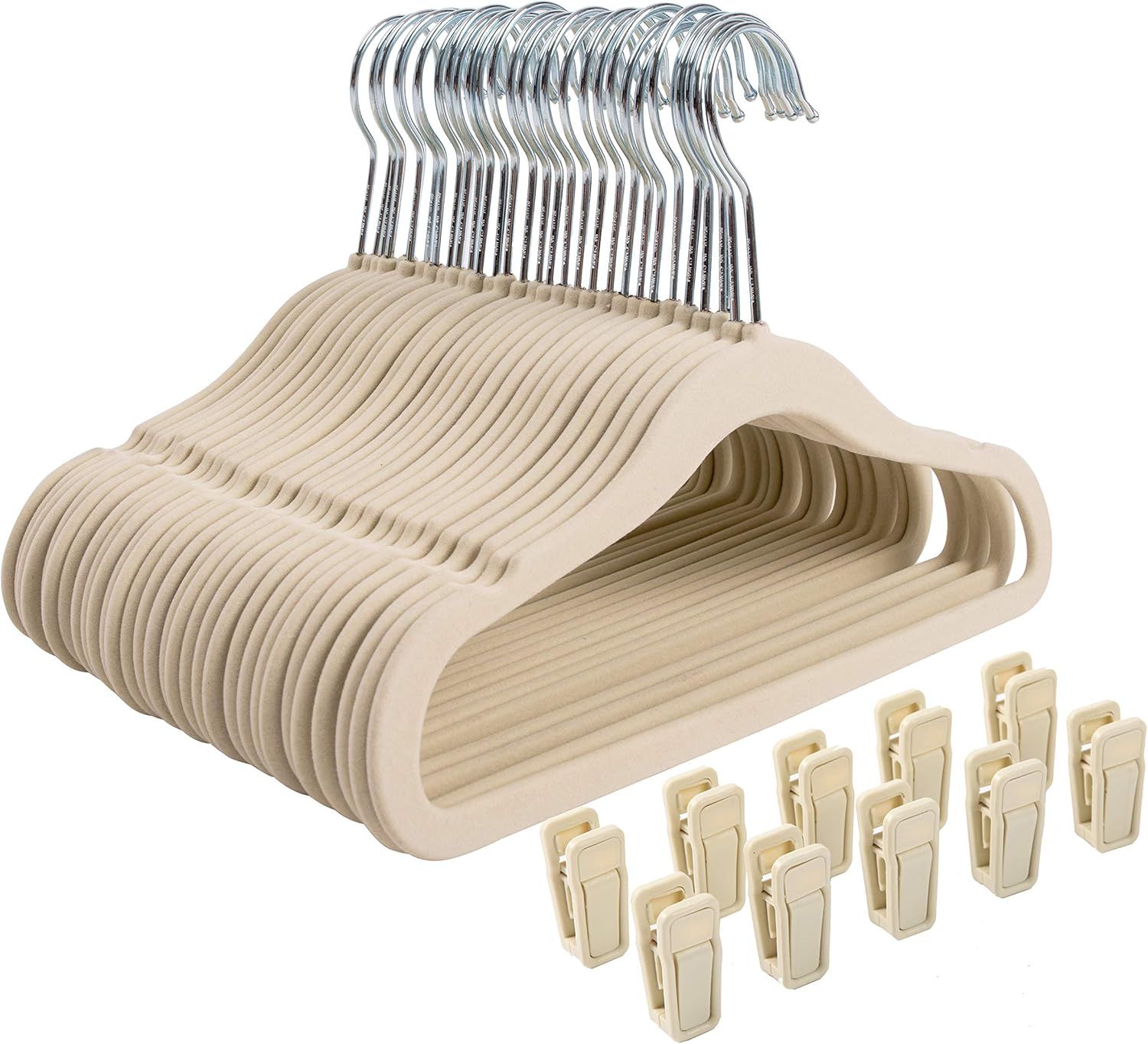 Beige Velvet Non-Slip Kids Hangers with Clips, 30-Pack