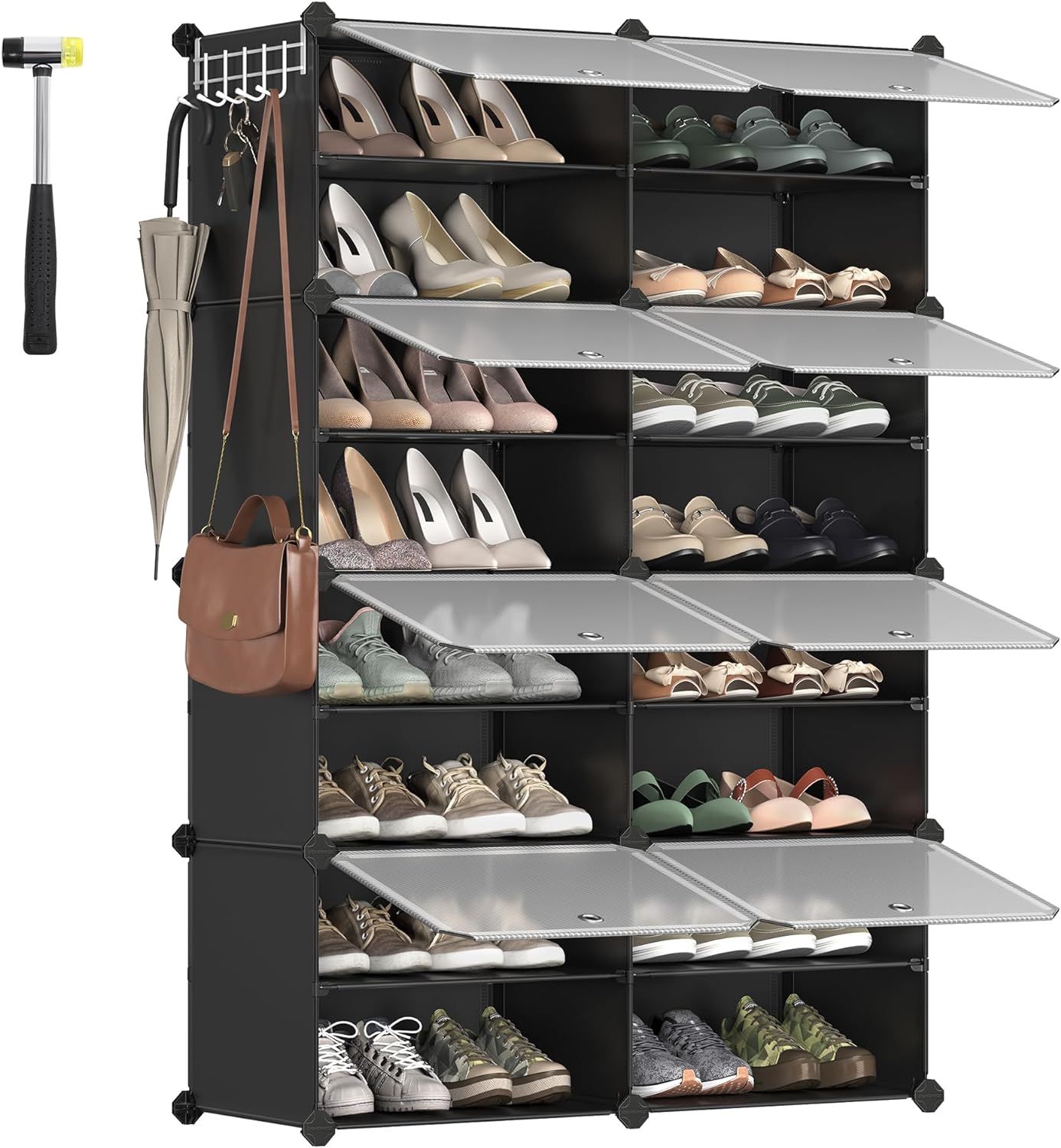 Black Plastic and Steel 8-Cube Shoe Organizer with Doors