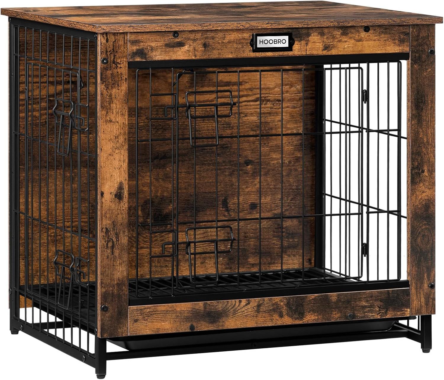 Rustic Brown Small Wooden Dog Crate Table with Double Doors