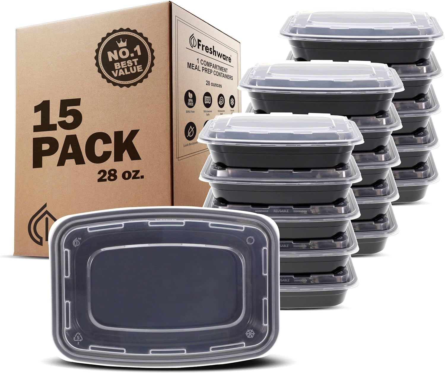 15-Pack Black Rectangular BPA-Free Meal Prep Containers with Snap Lids