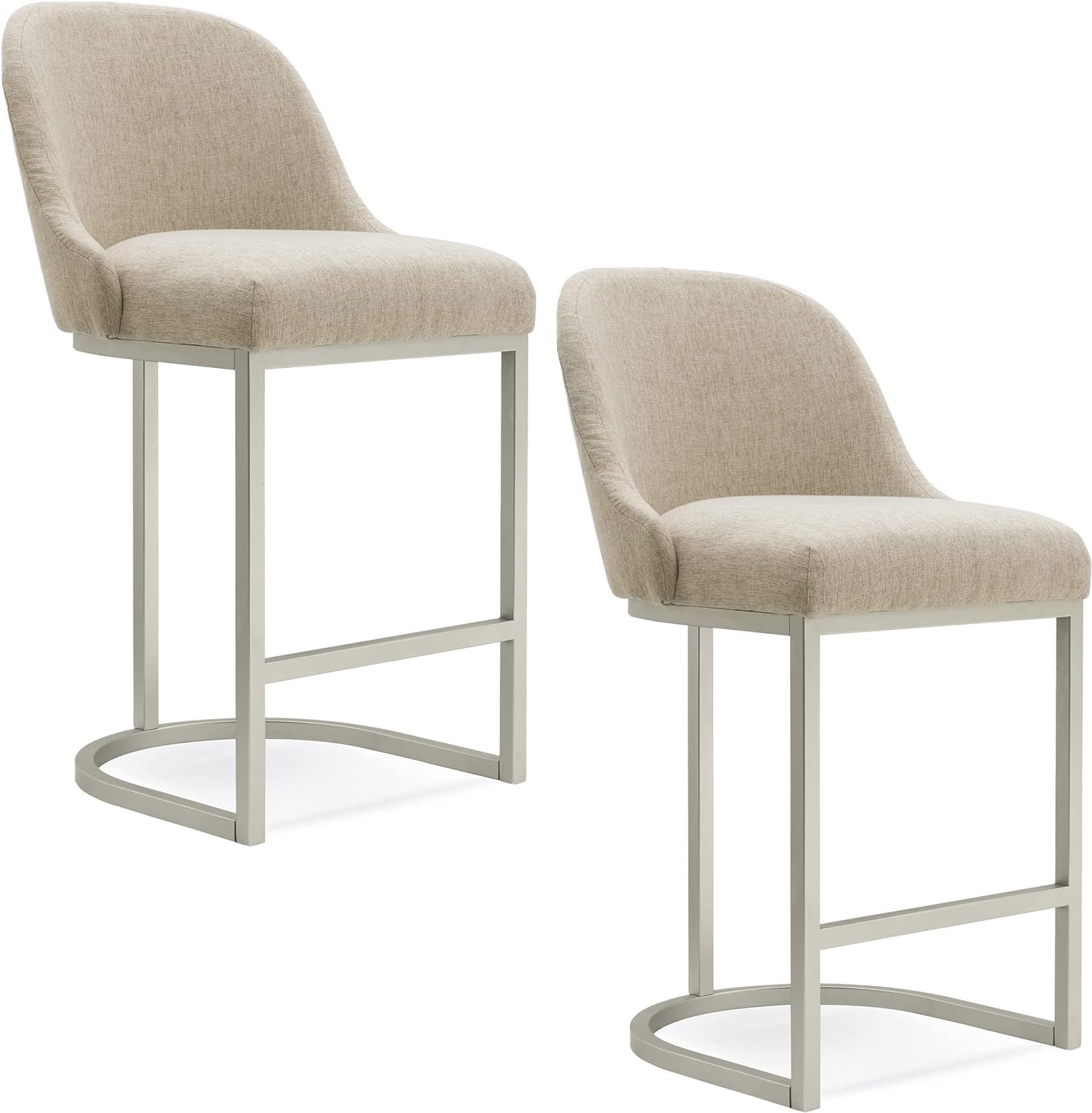 Oatmeal Linen Barrelback Counter Stools with Metal Base, Set of 2