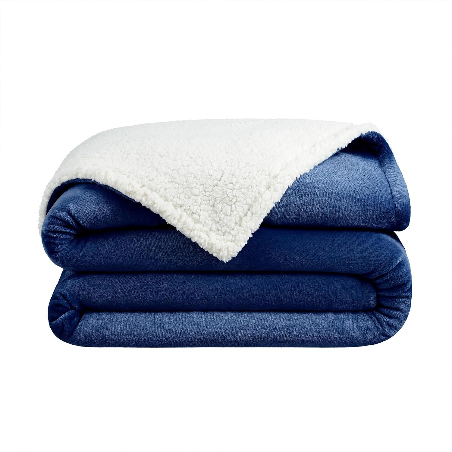 Navy Blue Reversible Sherpa Fleece Throw Blanket, 50x60 inches