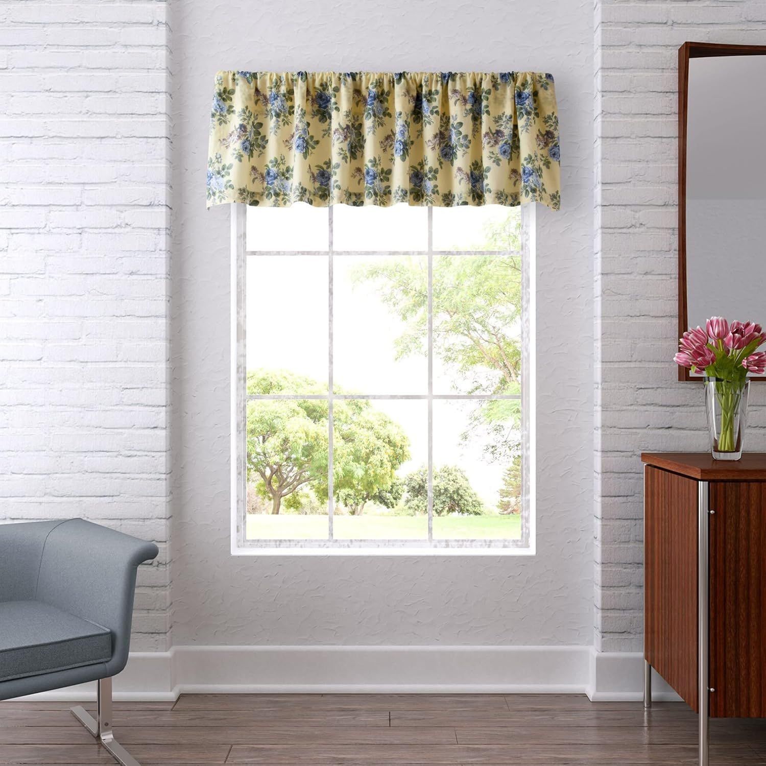 Pastel Yellow Floral Cotton Window Valance