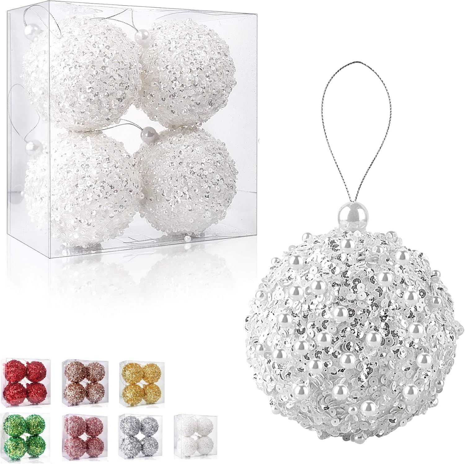 White Shatterproof Plastic Spherical Hanging Ornaments, 4.25" Set of 4