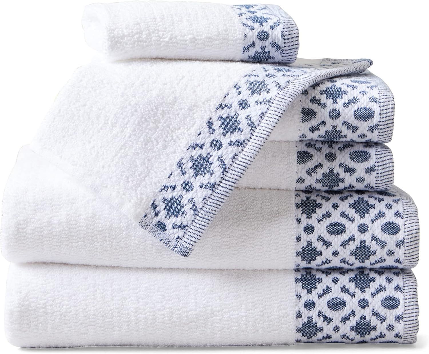 Nitra White and Navy Cotton Towel Set with Geometric Border