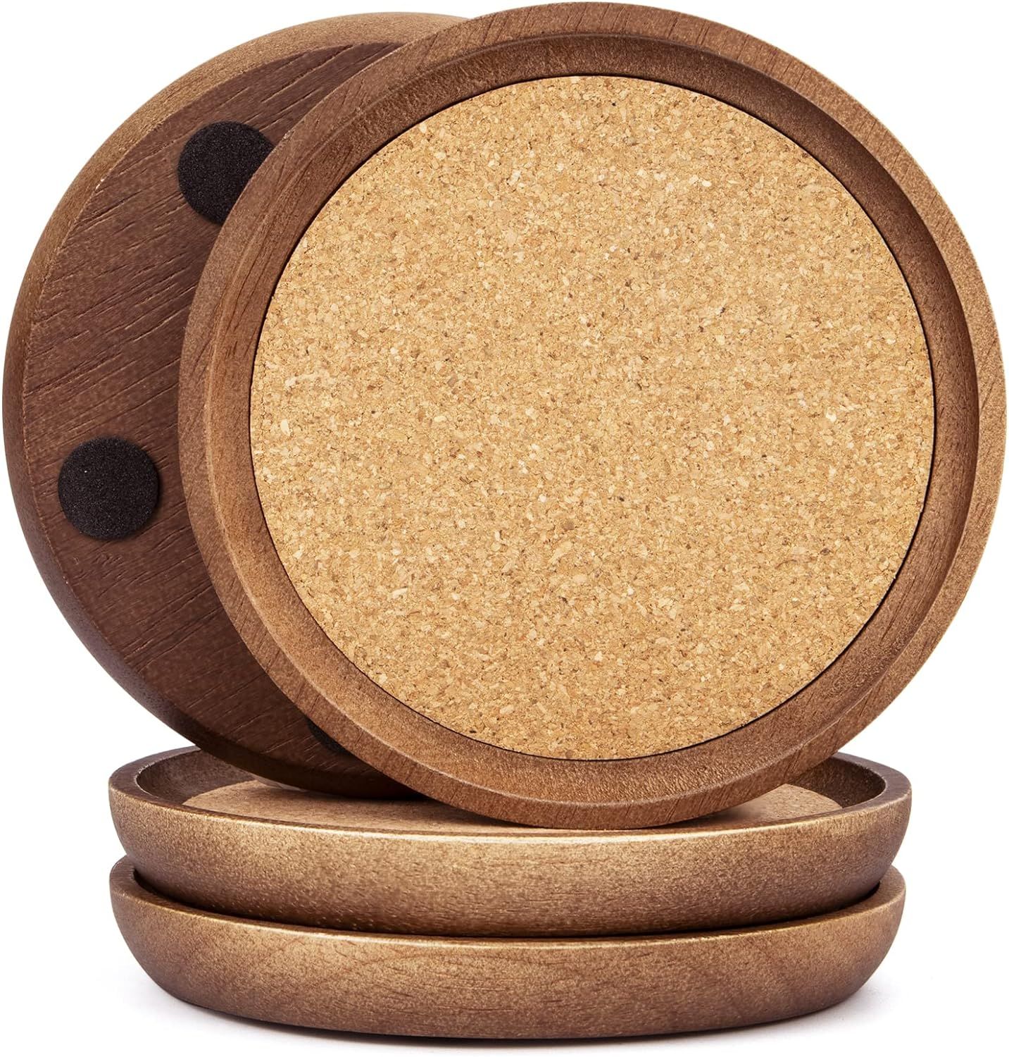 Natural Wood and Cork Round Drink Coasters Set