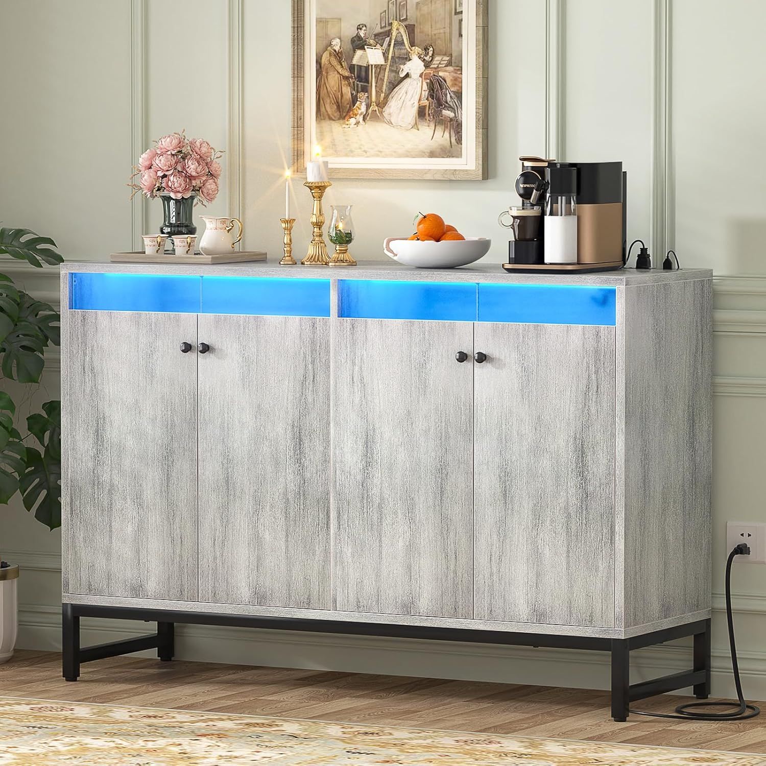 White Oak Sideboard Buffet Cabinet with LED Light and Power Outlet