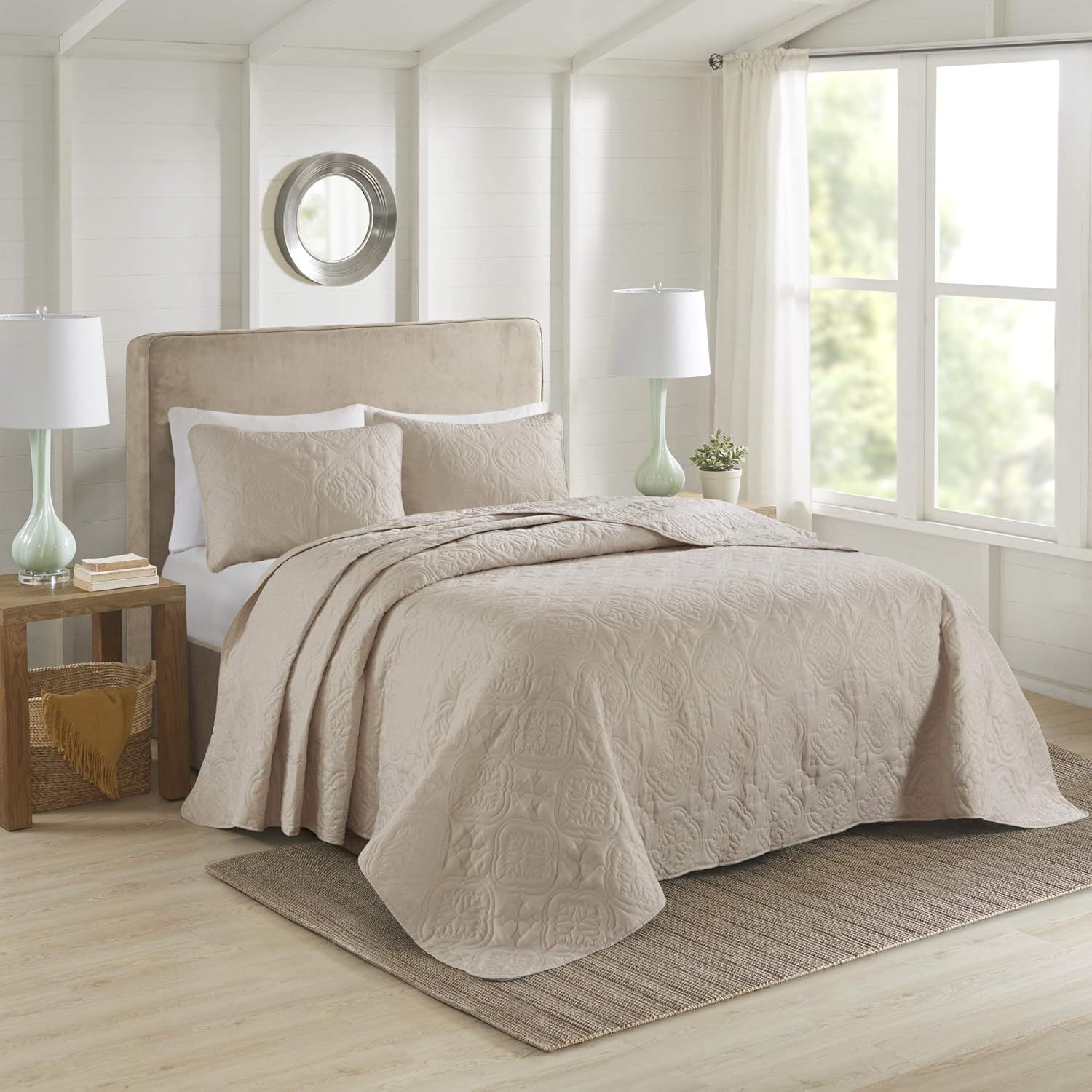 Khaki Microfiber Reversible Full Bedspread Set