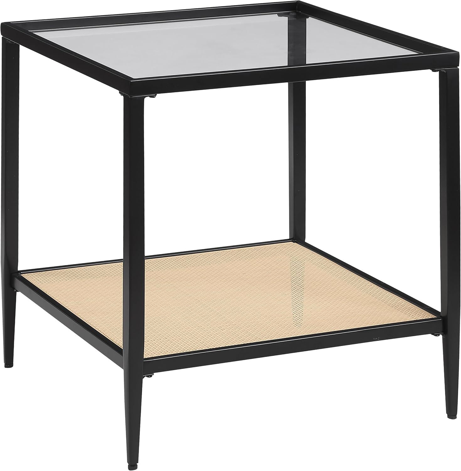 Black Metal and Glass Square End Table with Cane Shelf