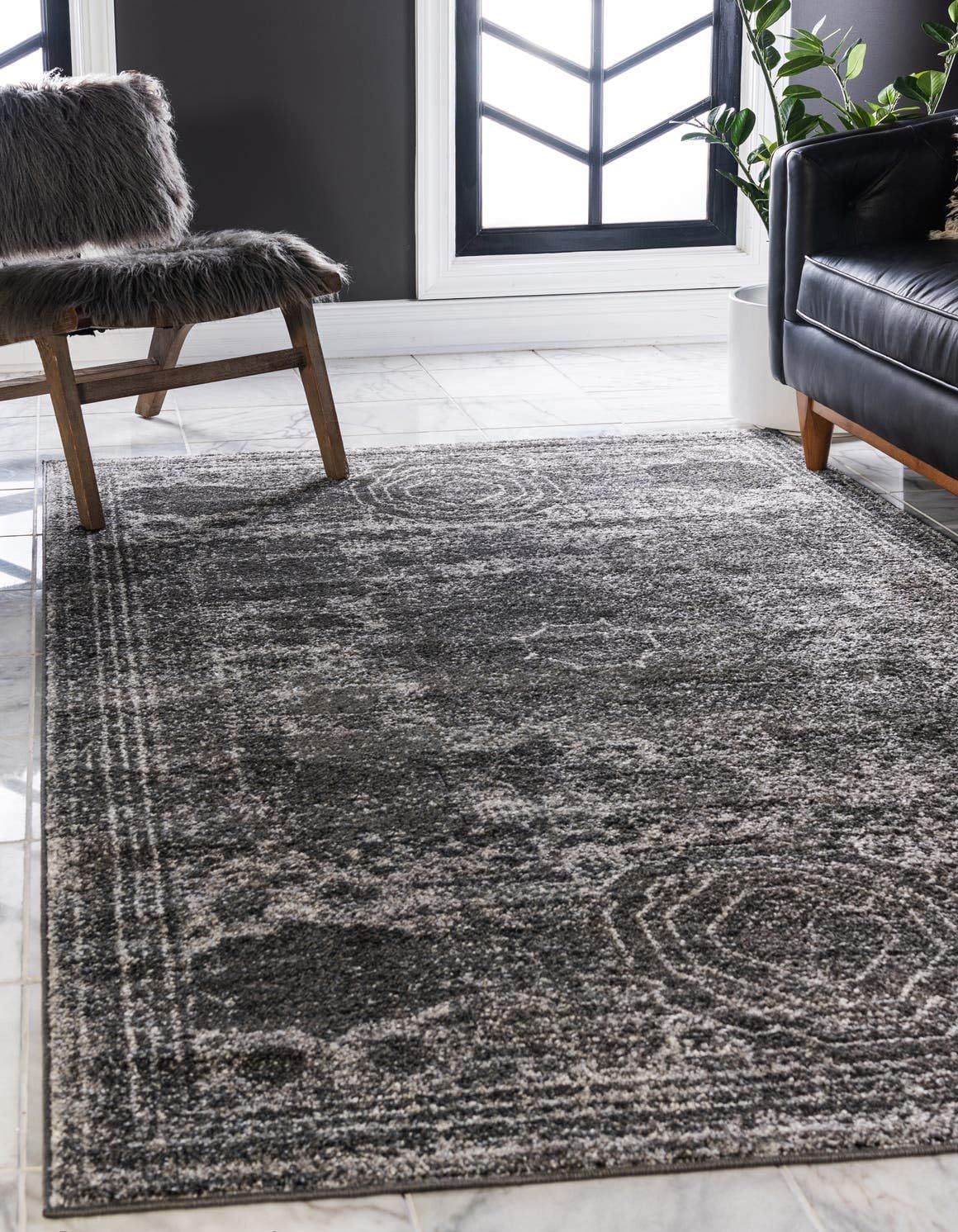 Dark Gray Rectangular Synthetic Low Pile Area Rug