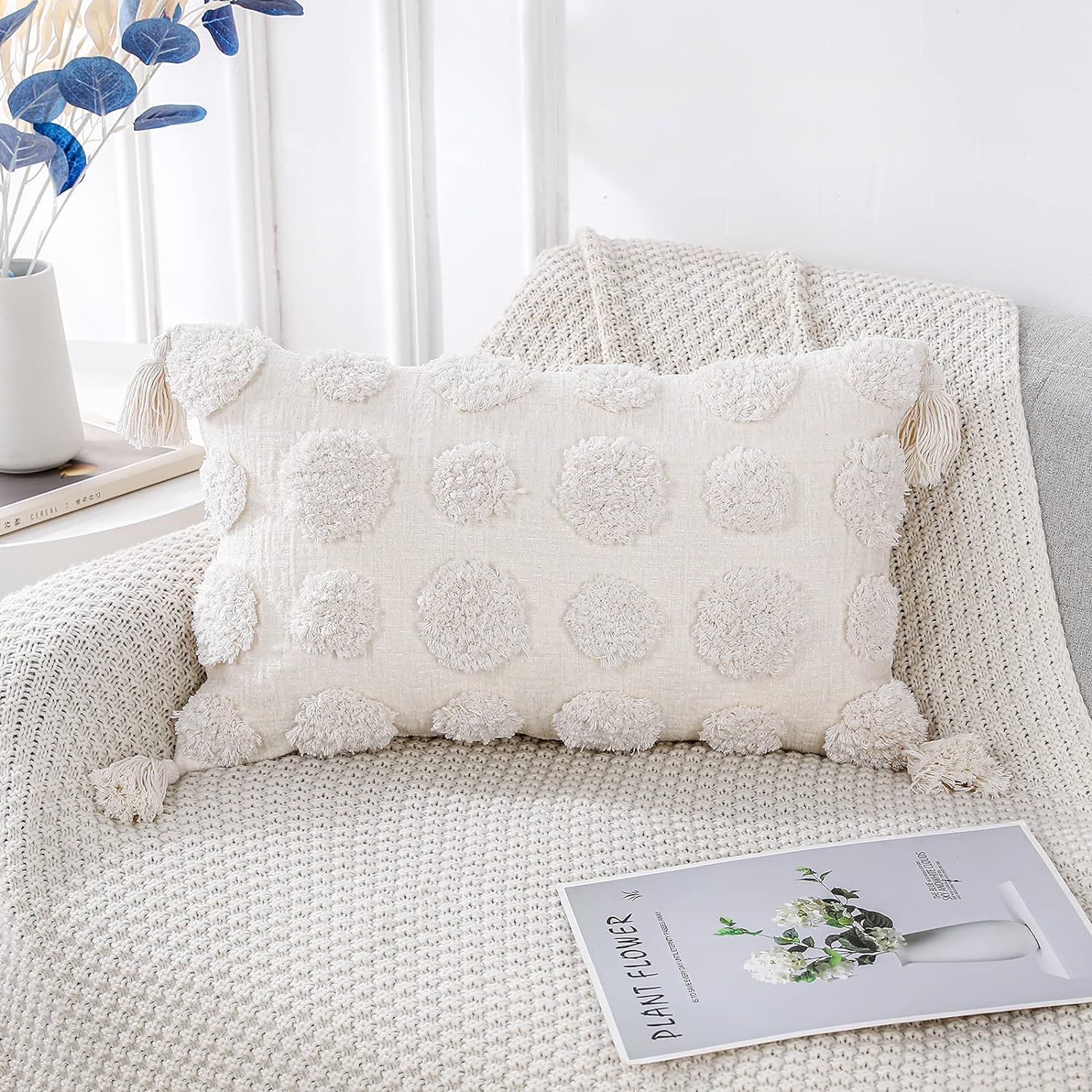 Cream Chenille Pom Pom Tufted Lumbar Throw Pillow with Tassels