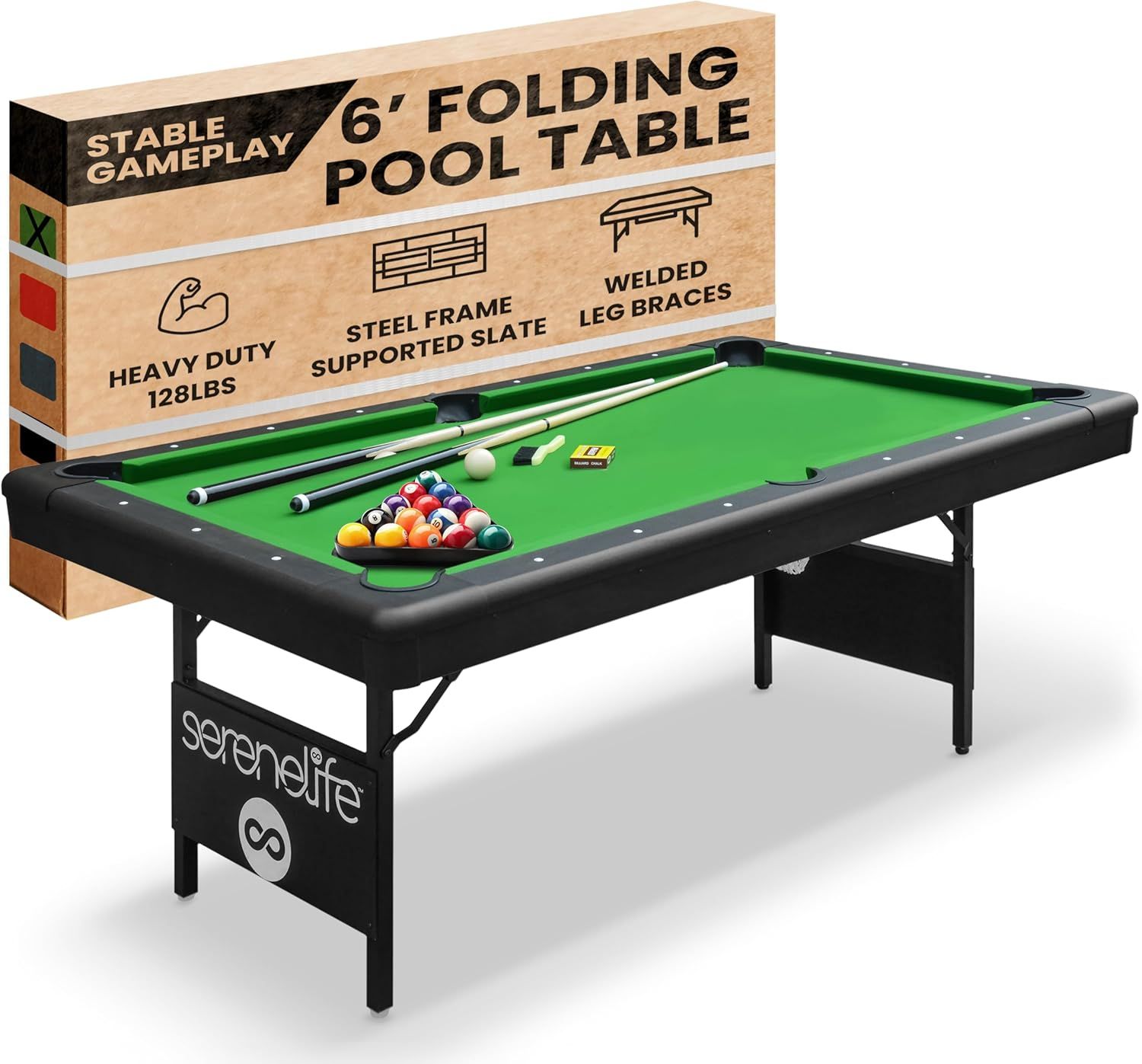 SereneLife 6-Ft Folding Pool Table with Steel Frame and Slate Top