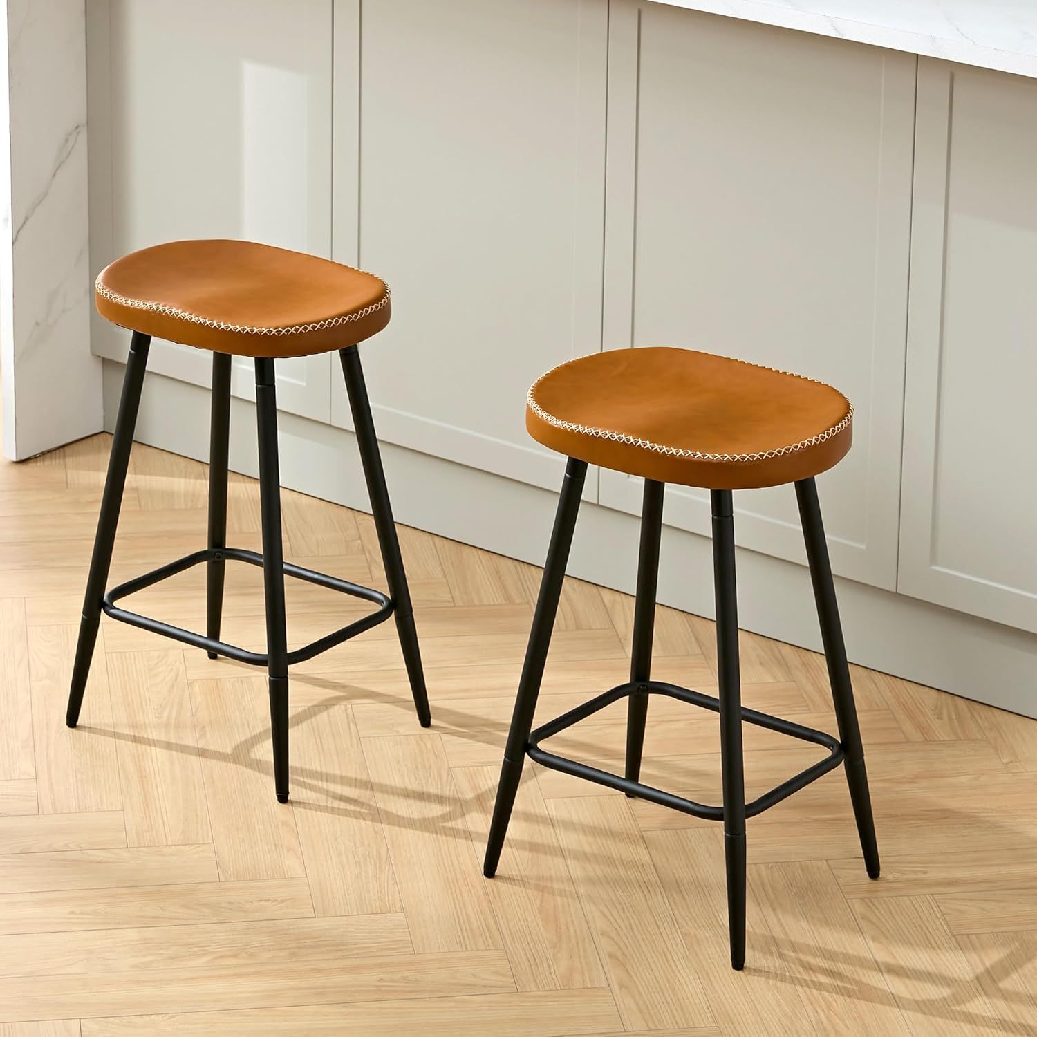 Adjustable Brown Faux Leather Saddle Bar Stools with Metal Legs