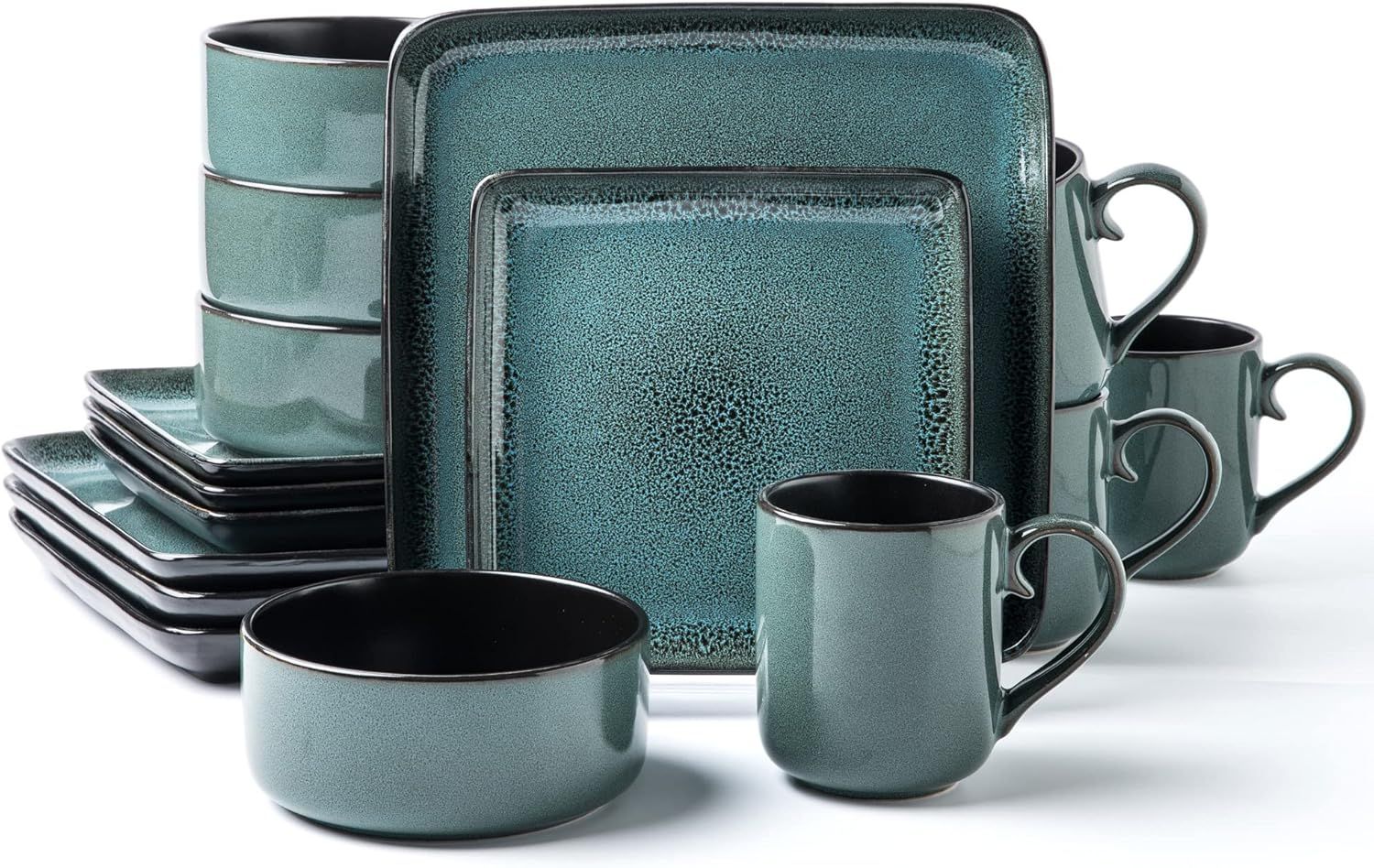 Flackar Turquoise Glossy Ceramic Square Dinnerware Set for 4