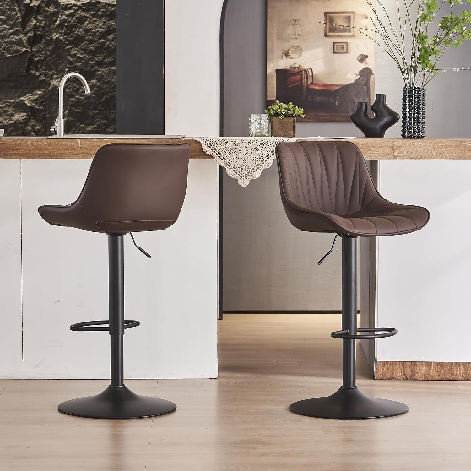 Adjustable Brown Faux Leather Swivel Bar Stools with Metal Base