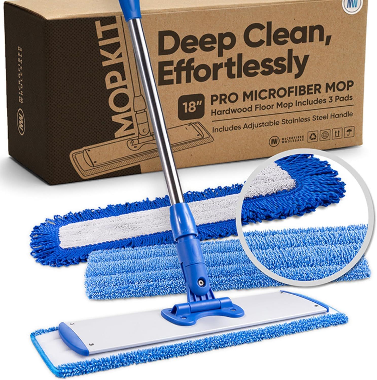 18" Professional Microfiber Mop with Stainless Steel Handle and Reusable Pads