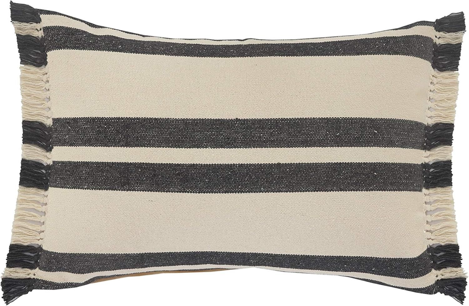 Gray and White Cotton Lumbar Pillow with Fringe, 16" x 24"