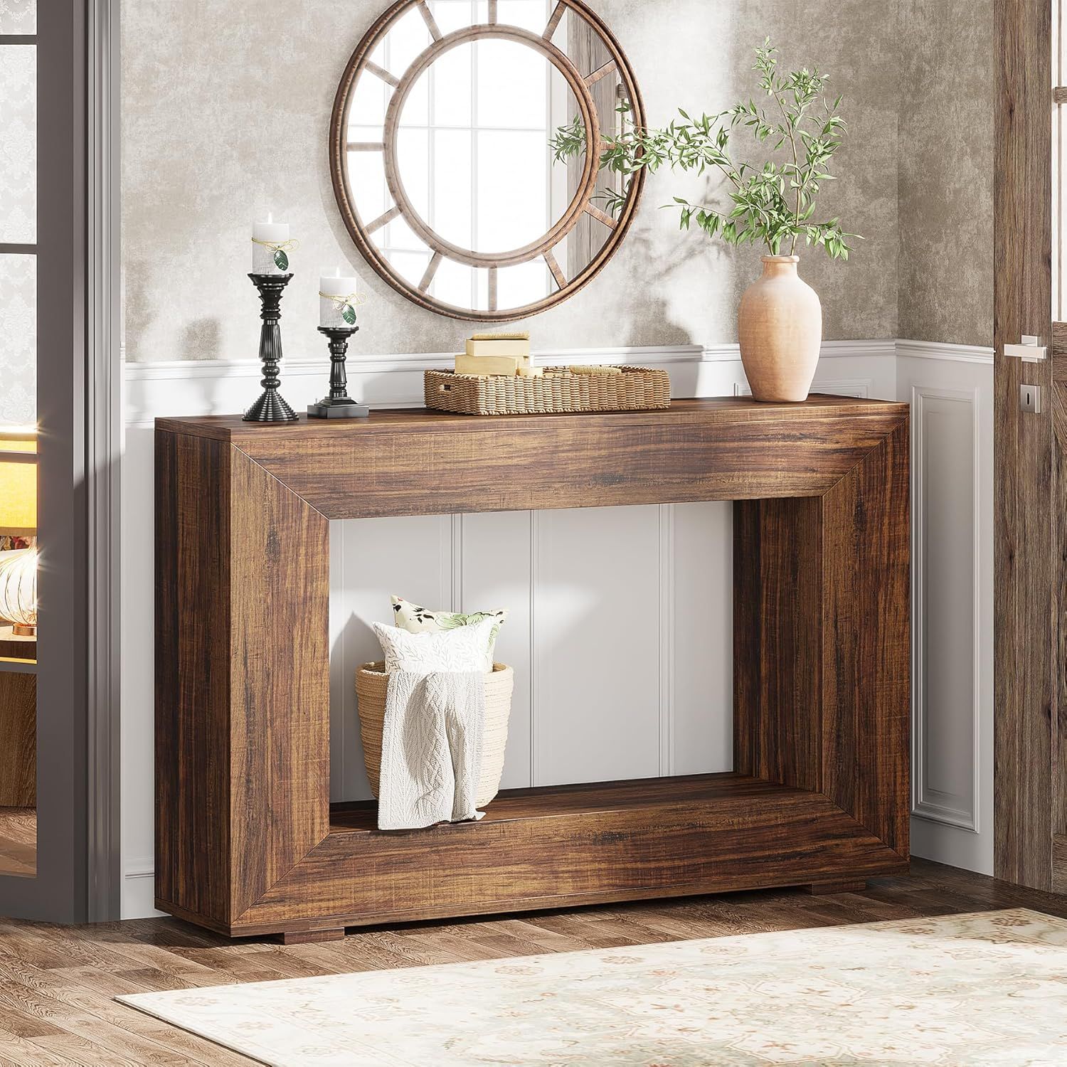 Farmhouse Rustic Wood Console Table with Storage, 47 Inches