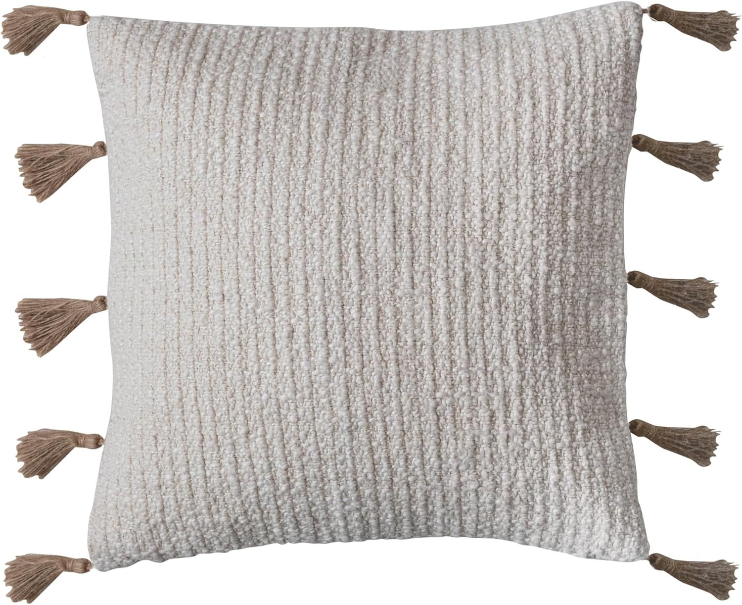 Natural Cotton Linen Blend Square Pillow with Jute Tassels