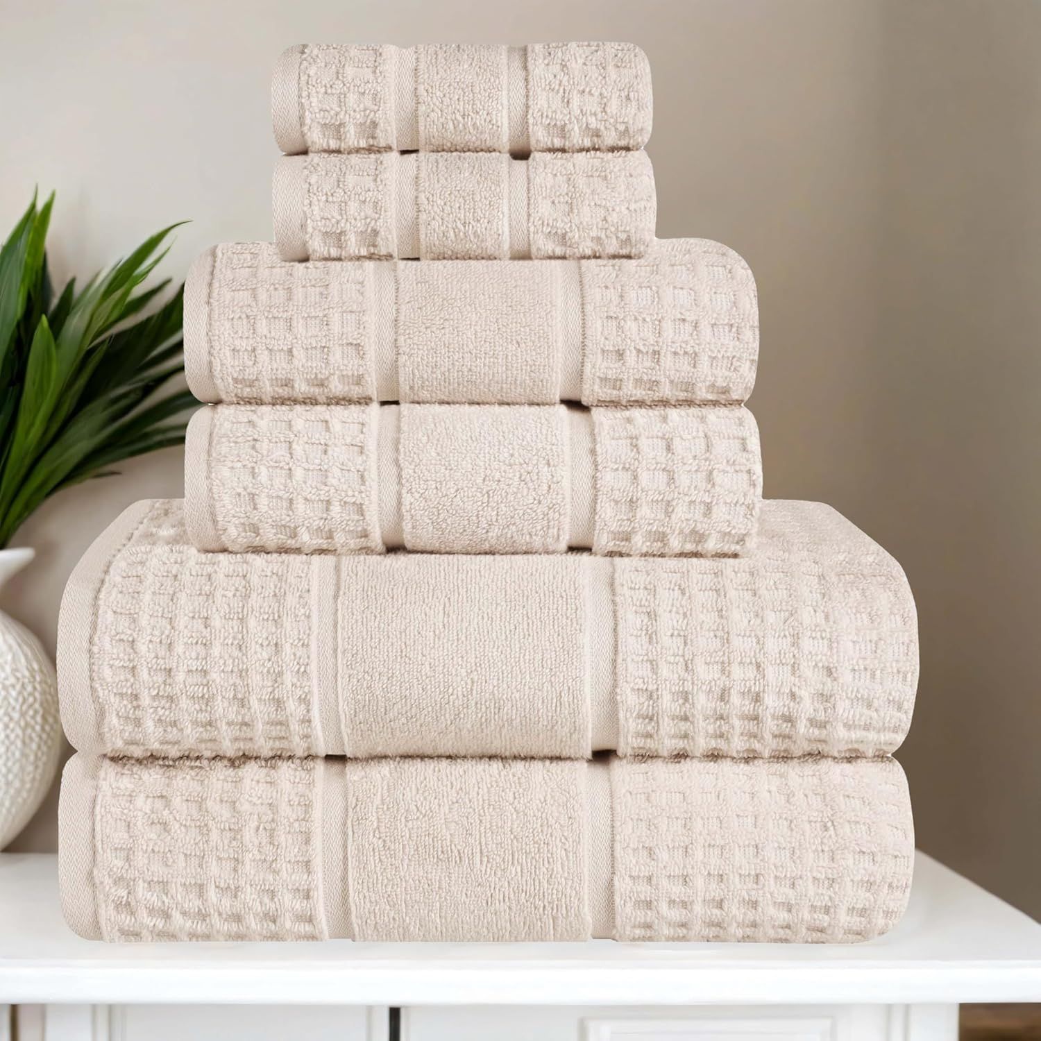 Ivory Cotton 6-Piece Towel Set with Waffle Border