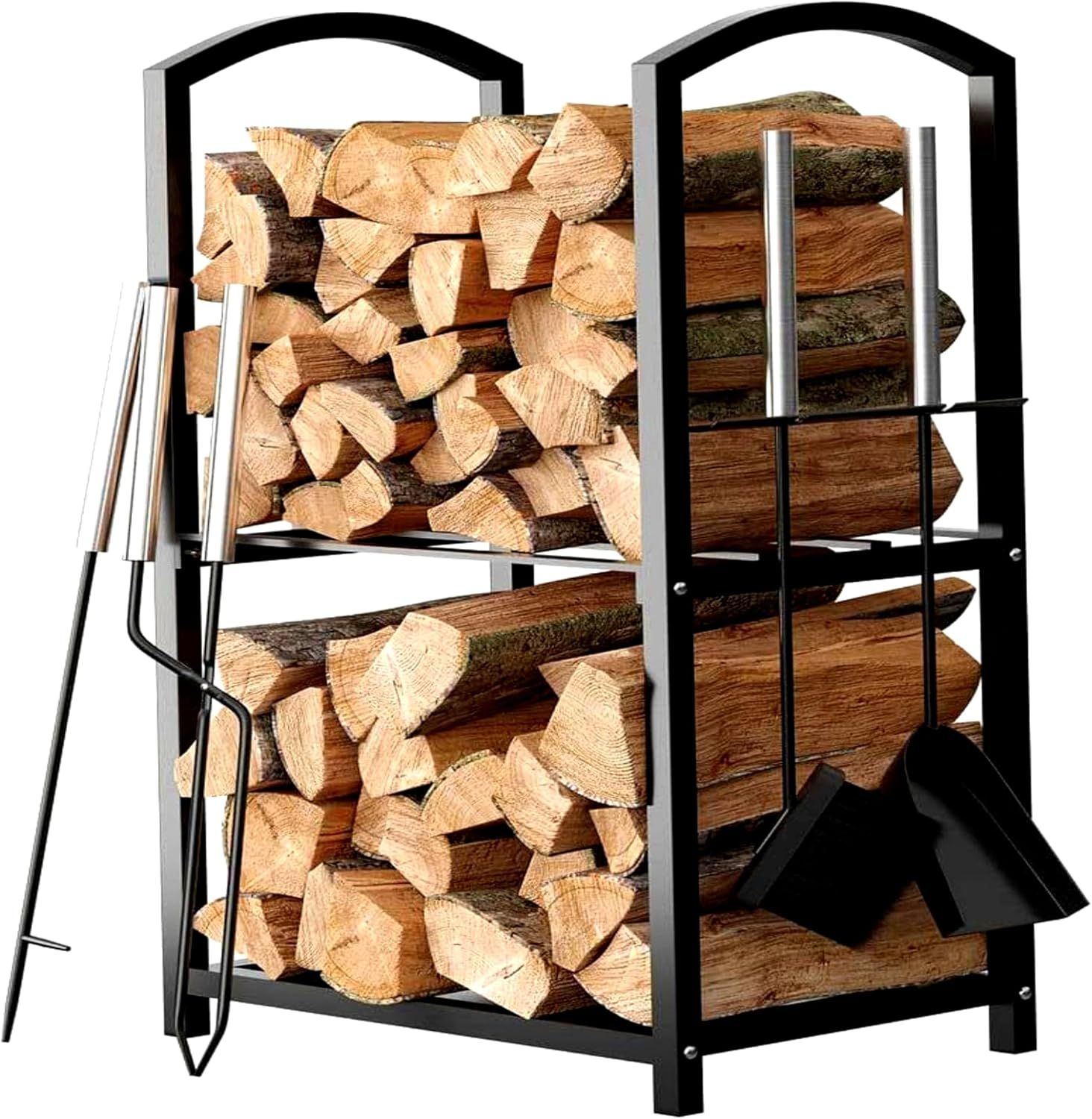 Black Powder Coated Steel 2-Tier Firewood Rack with Tools