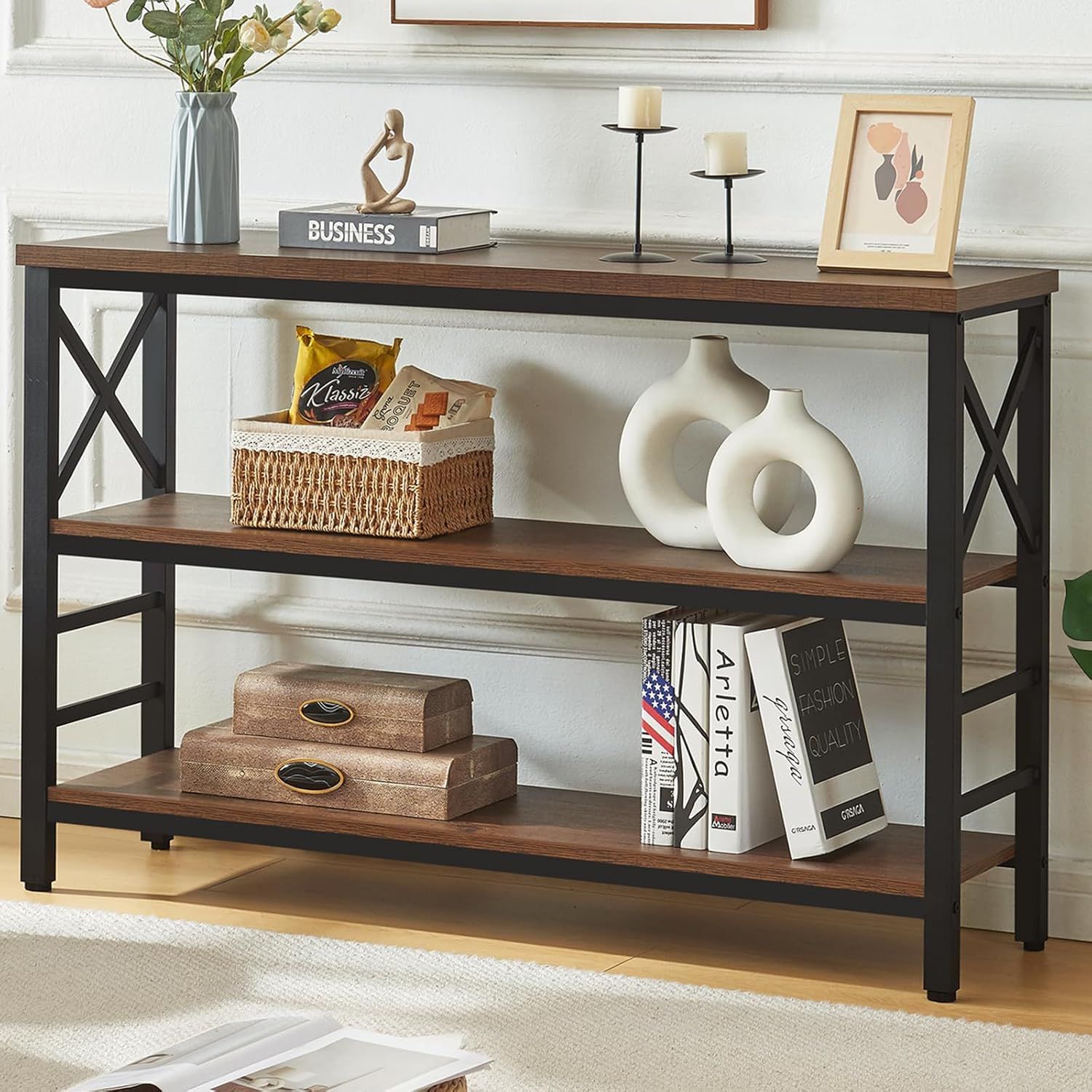 Rustic Brown Wood and Metal 3-Tier Console Table with Storage