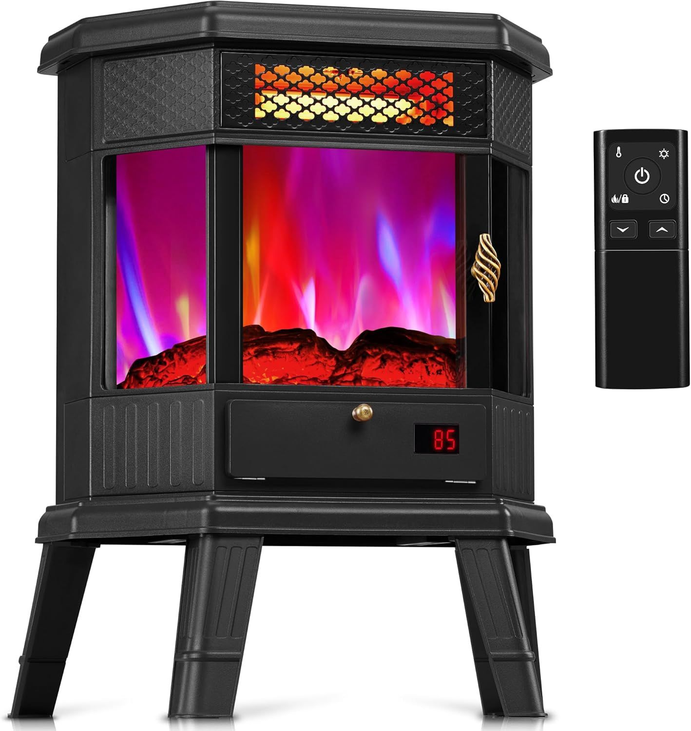 Black Freestanding Electric Fireplace Heater with 3D Flame Effect and Remote