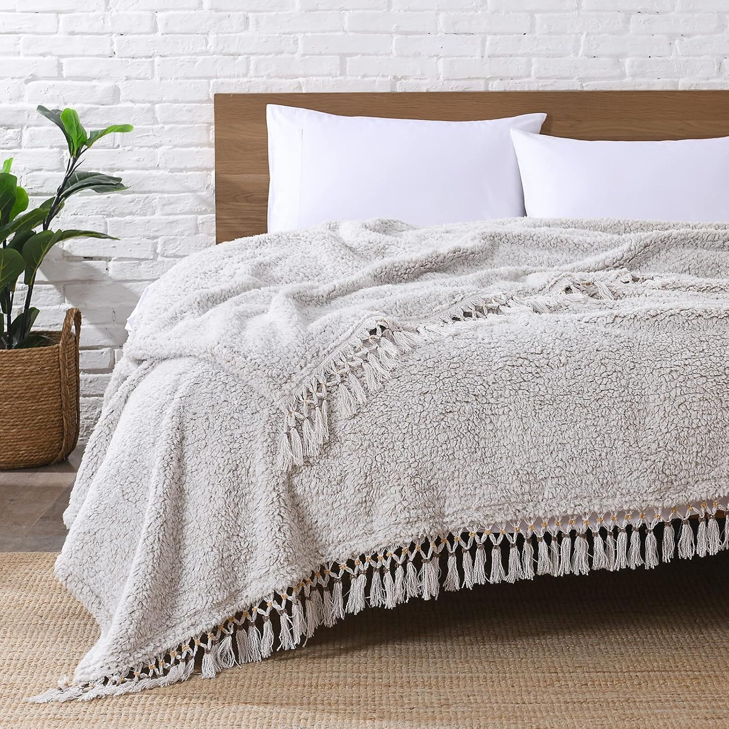 Queen Size Light Brown Fleece Sherpa Reversible Blanket with Tassels