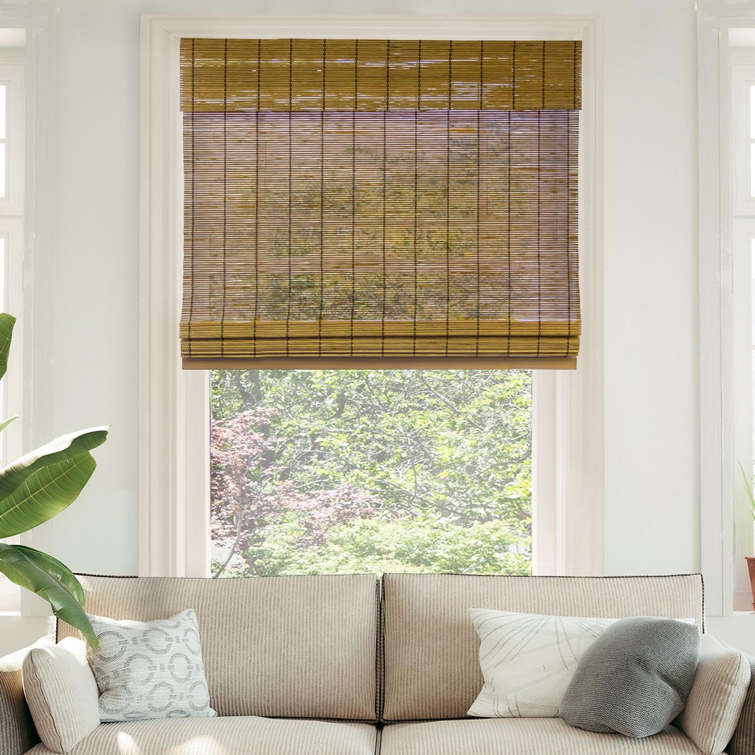 Cordless Bamboo Blackout Woven Outdoor Roman Shades, 23x64 inch