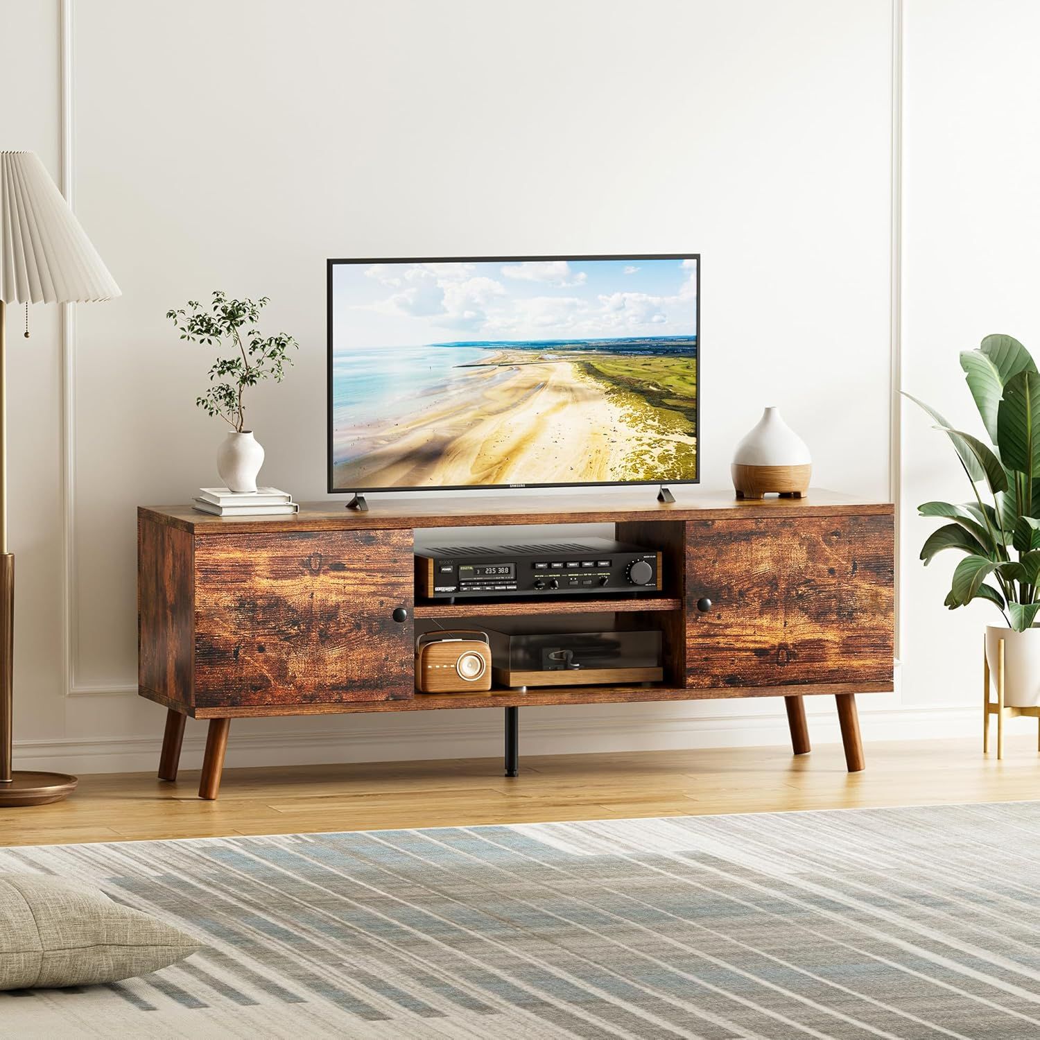 Brown Mid-Century Modern Wooden TV Stand with Storage Cabinets